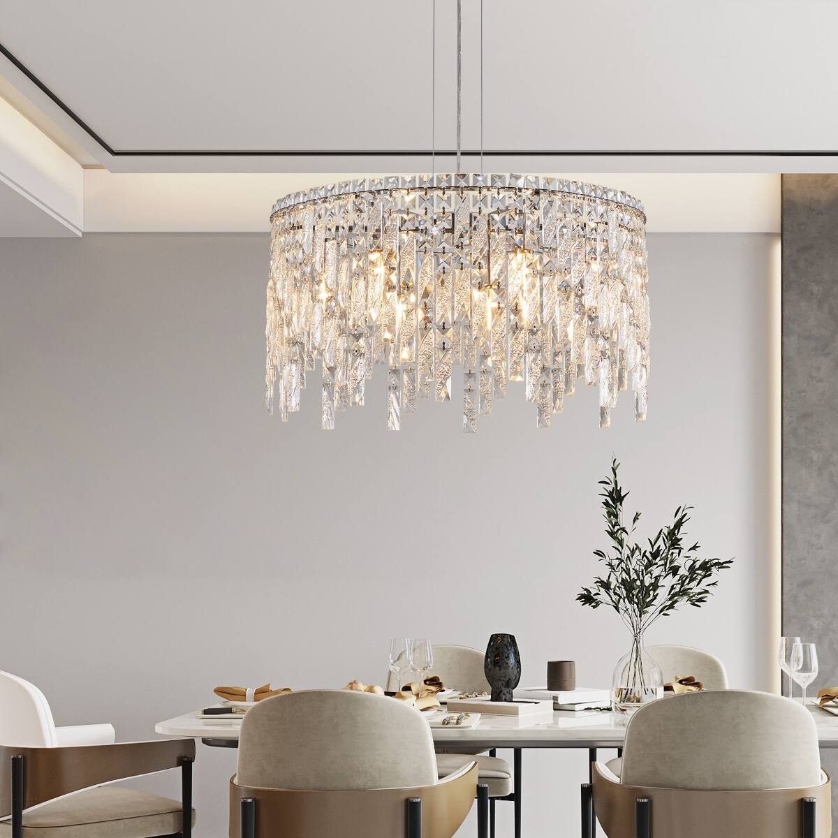 Back. Loheer - Loheer 23.6 inch Round Crystal Chandelier Chrome Modern Dining Room Pendant Light.