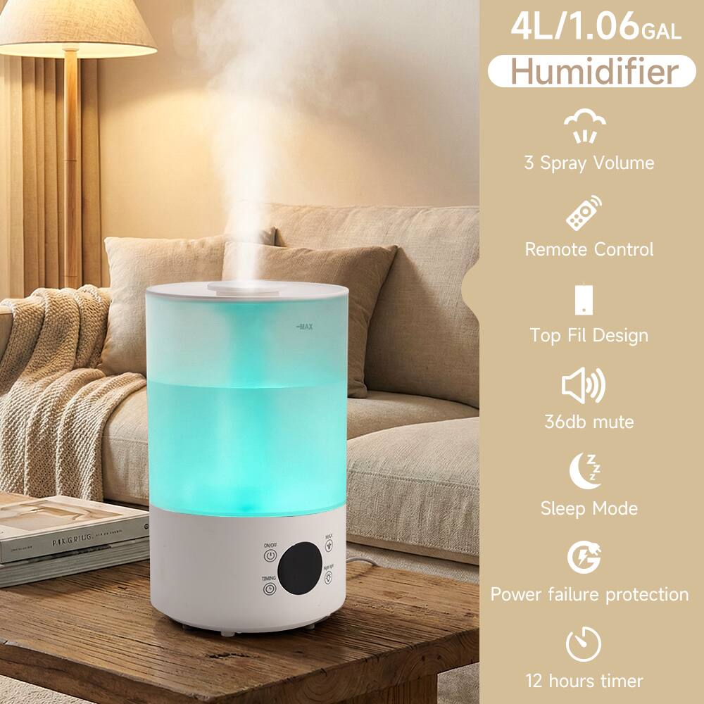 4L/1.06 GAL Humidifier  
3 Spray Volume  
Remote Control  
Top Fil Design  
36db mute  
Sleep Mode  
Power failure protection  
12 hours timer