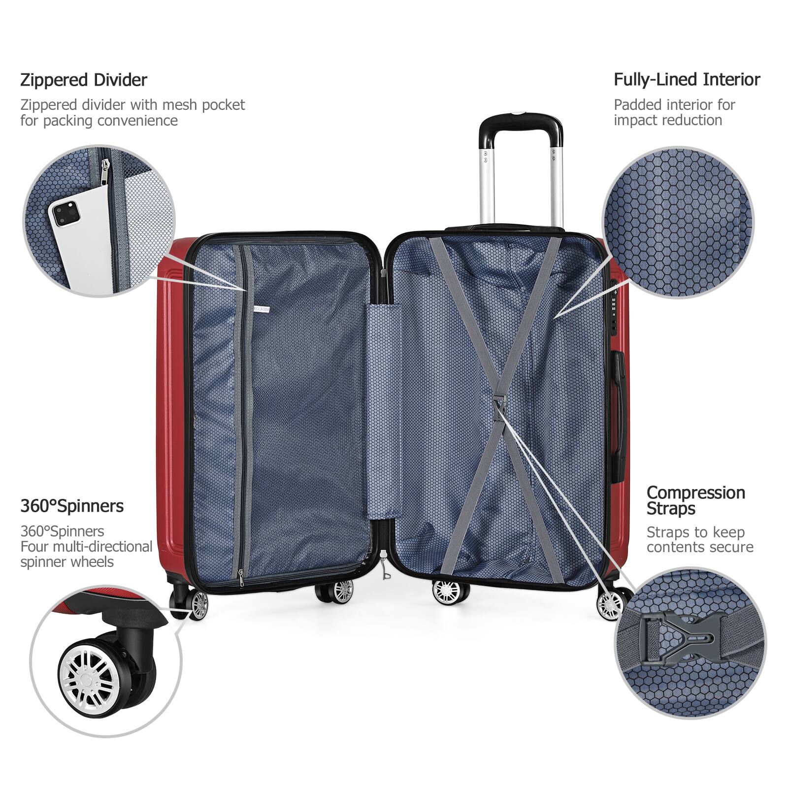 - Zippered Divider: Zippered divider with mesh pocket for packing convenience
- Fully-Lined Interior: Padded interior for impact reduction
- 360° Spinners: Four multi-directional spinner wheels
- Compression Straps: Straps to keep contents secure