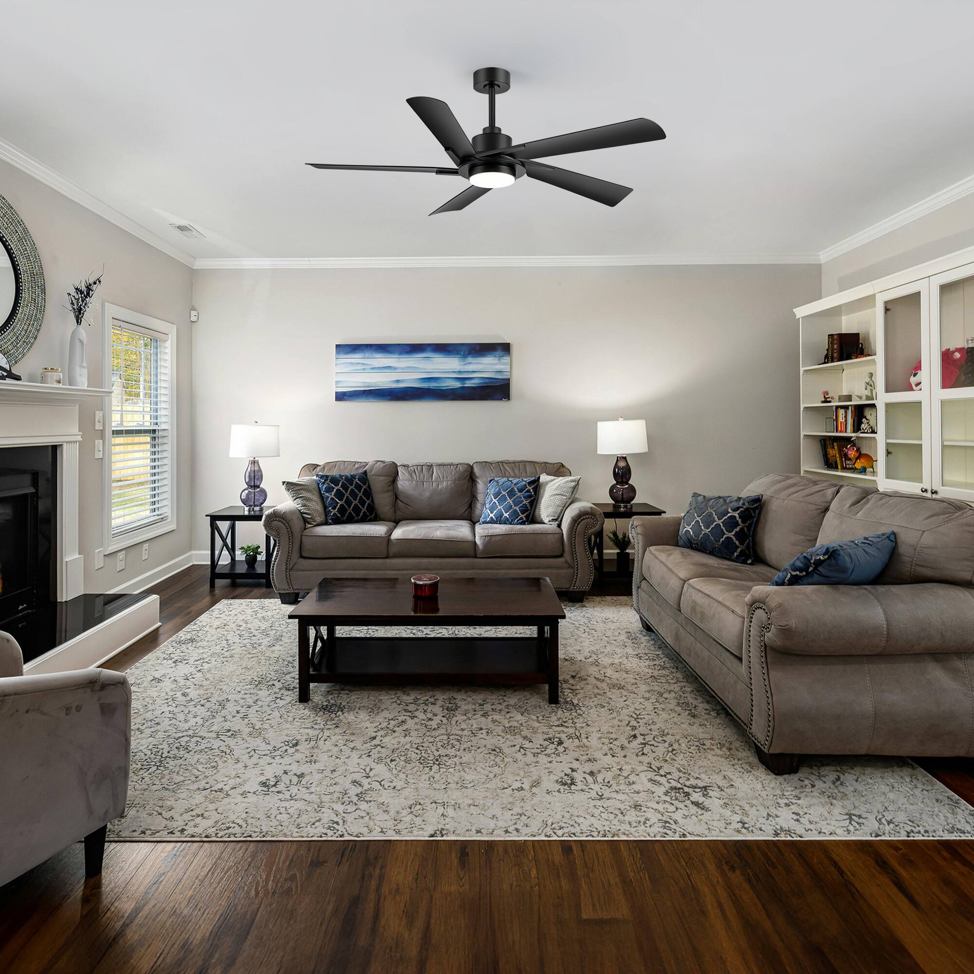 Alt View 2. Breezary - 60-Inch Indoor Ceiling Fan with 5 ABS Blades, 3-Color Light, 6-Speed DC Motor, Remote, Timer & Memory, 6"/12" Downrods - Matte Black.