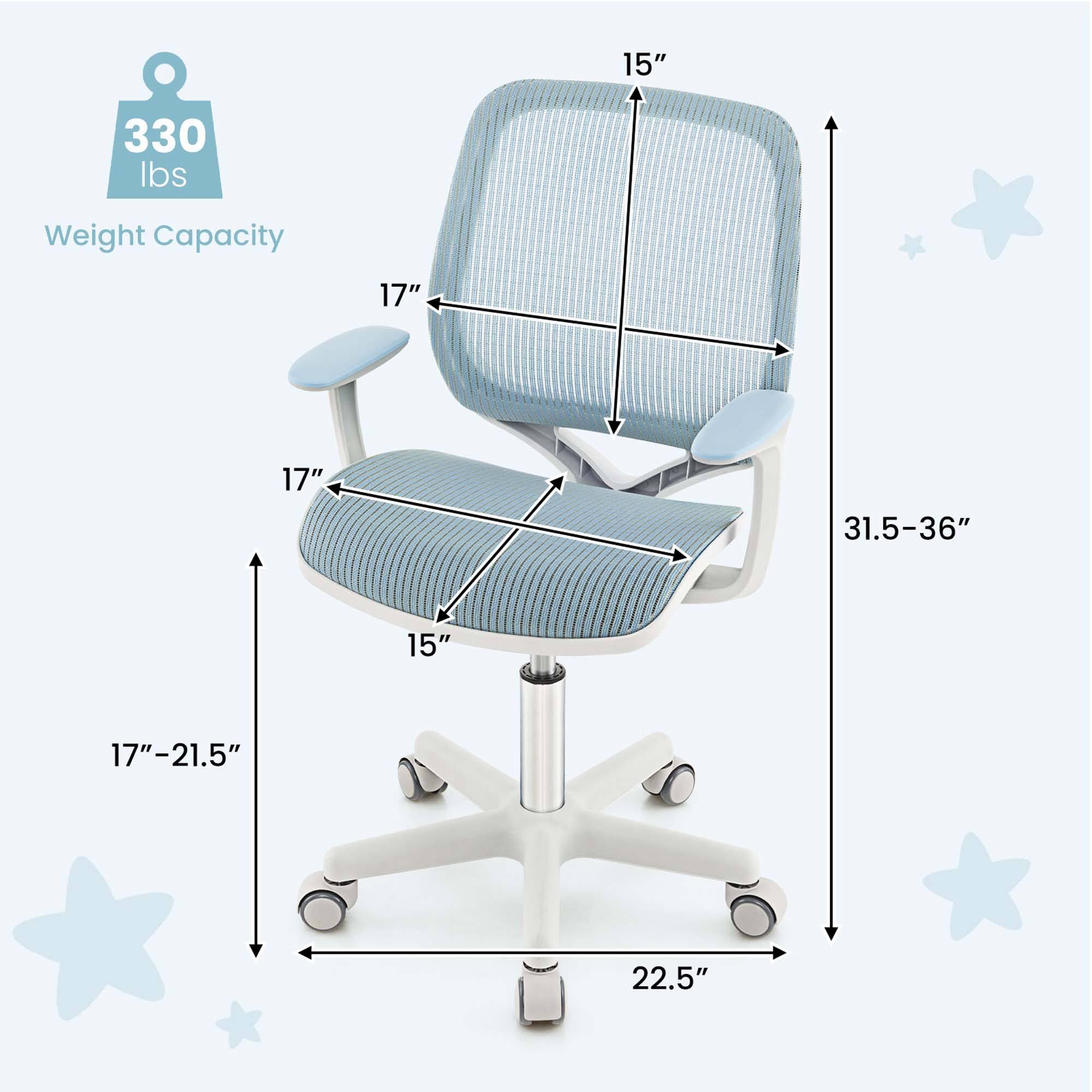 Weight Capacity: 330 lbs

Dimensions:
- Height: 31.5-36"
- Seat width: 17"
- Seat depth: 17"
- Seat height: 15"
- Armrest width: 17"-21.5"
- Base width: 22.5"