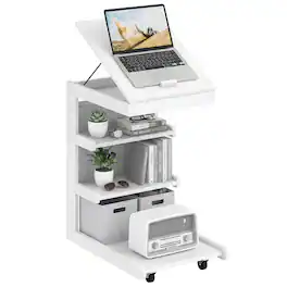 Costway - 1 PCS C-shaped End Table with Wheels, Adjustable Desktop, Edge Stopper, Storage Pocket - White
