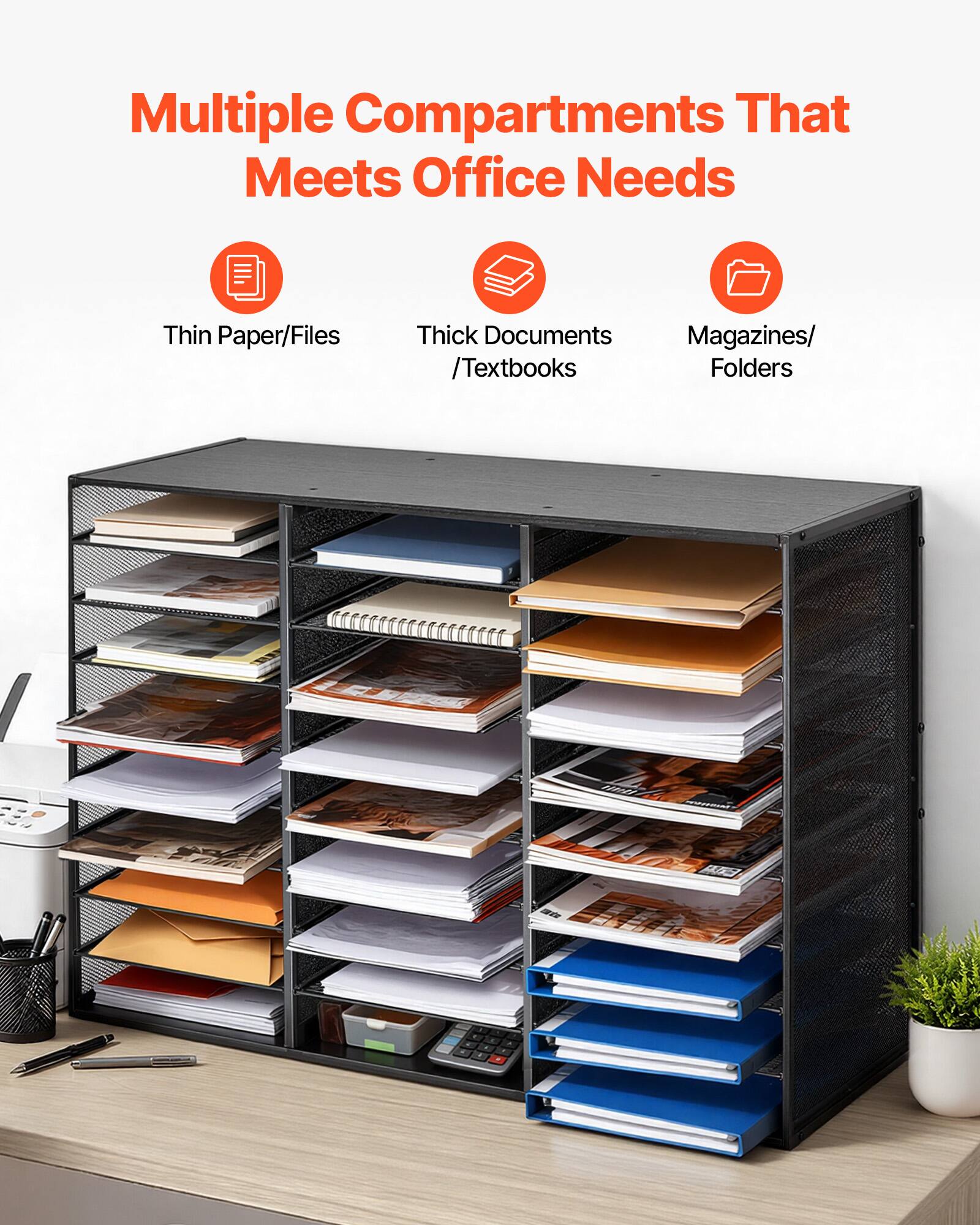 Multiple Compartments That Meet Office Needs

- Thin Paper/Files
- Thick Documents / Textbooks
- Magazines/ Folders
