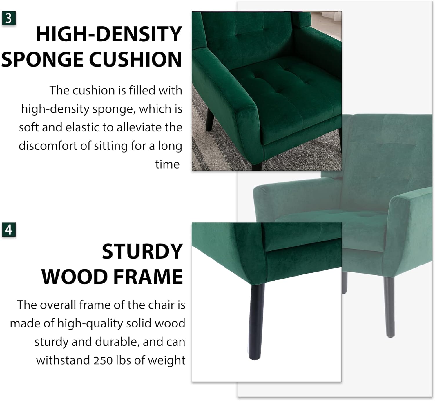 3. HIGH-DENSITY SPONGE CUSHION  
The cushion is filled with high-density sponge, which is soft and elastic to alleviate the discomfort of sitting for a long time.

4. STURDY WOOD FRAME  
The overall frame of the chair is made of high-quality solid wood, sturdy and durable, and can withstand 250 lbs of weight.