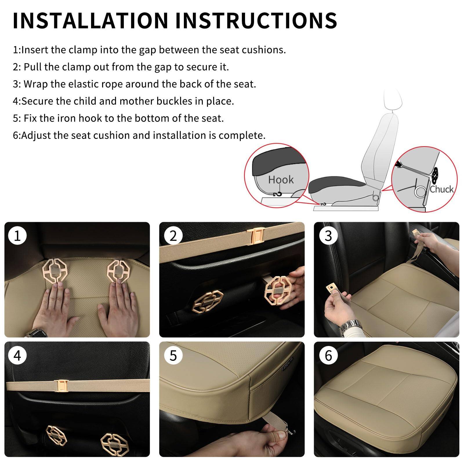 **INSTALLATION INSTRUCTIONS**

1. Insert the clamp into the gap between the seat cushions.
2. Pull the clamp out from the gap to secure it.
3. Wrap the elastic rope around the back of the seat.
4. Secure the child and mother buckles in place.
5. Fix the iron hook to the bottom of the seat.
6. Adjust the seat cushion and installation is complete.

**Hook Chuck**

1. Insert the clamp into the gap between the seat cushions.
2. Pull the clamp out from the gap to secure it.
3. Wrap the elastic rope around the back of the seat.
4. Secure the child and mother buckles in place.
5. Fix the iron hook to the bottom of the seat.
6. Adjust the seat cushion and installation is complete.