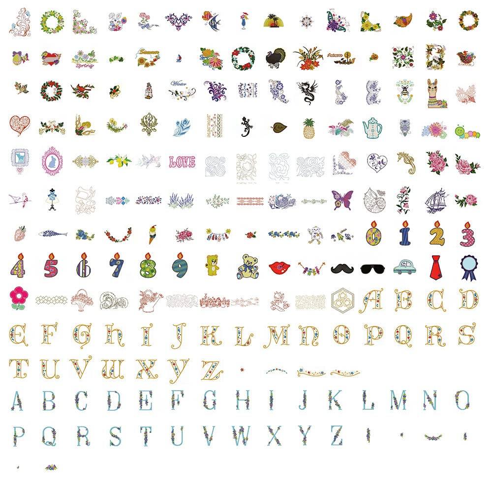 Sure, here is the corrected and grouped text from the image:

**Top Row:**
- LOVE & S A DABCD
- a CFGhIJKLMNOPORS
- F G h J K R TC TUVUXyZ
- U V Iu X y IL A B C D E F G H I J K L 0 P Q R S T U V W X Y Z

**Middle Rows:**
- Spring
- Love
- 1 2 3 4 5 6 7 8 9
- ABCD
- EFGHIJKLMNOPQRS
- TUVWXYZ
- ABCDEFGHIJKLMNOPQRSTUVWXYZ

**Bottom Rows:**
- (Various decorative elements and symbols, including numbers, letters, and designs)