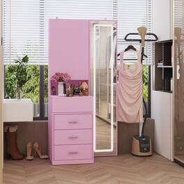 Famapy - Vanity with LED Full-Length Mirror, Sliding Top Storage & Drawers, Makeup Organizer for Bedroom - Pink