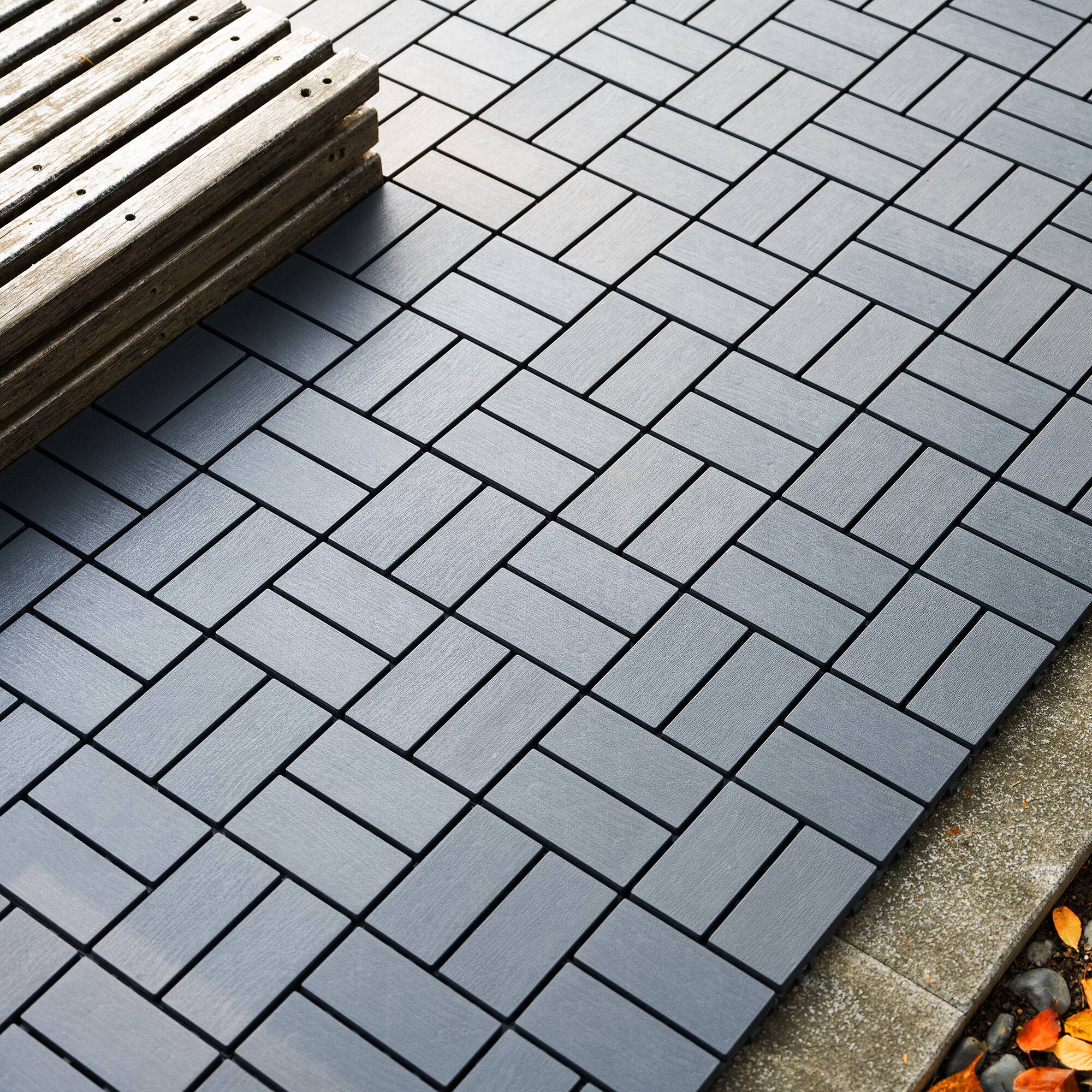 Back. GOODSILO - Interlocking Deck Tiles - 44 Pack Patio Flooring, 12"x12" Waterproof Outdoor Tiles for Balcony, Backyard, Poolside - Gray.