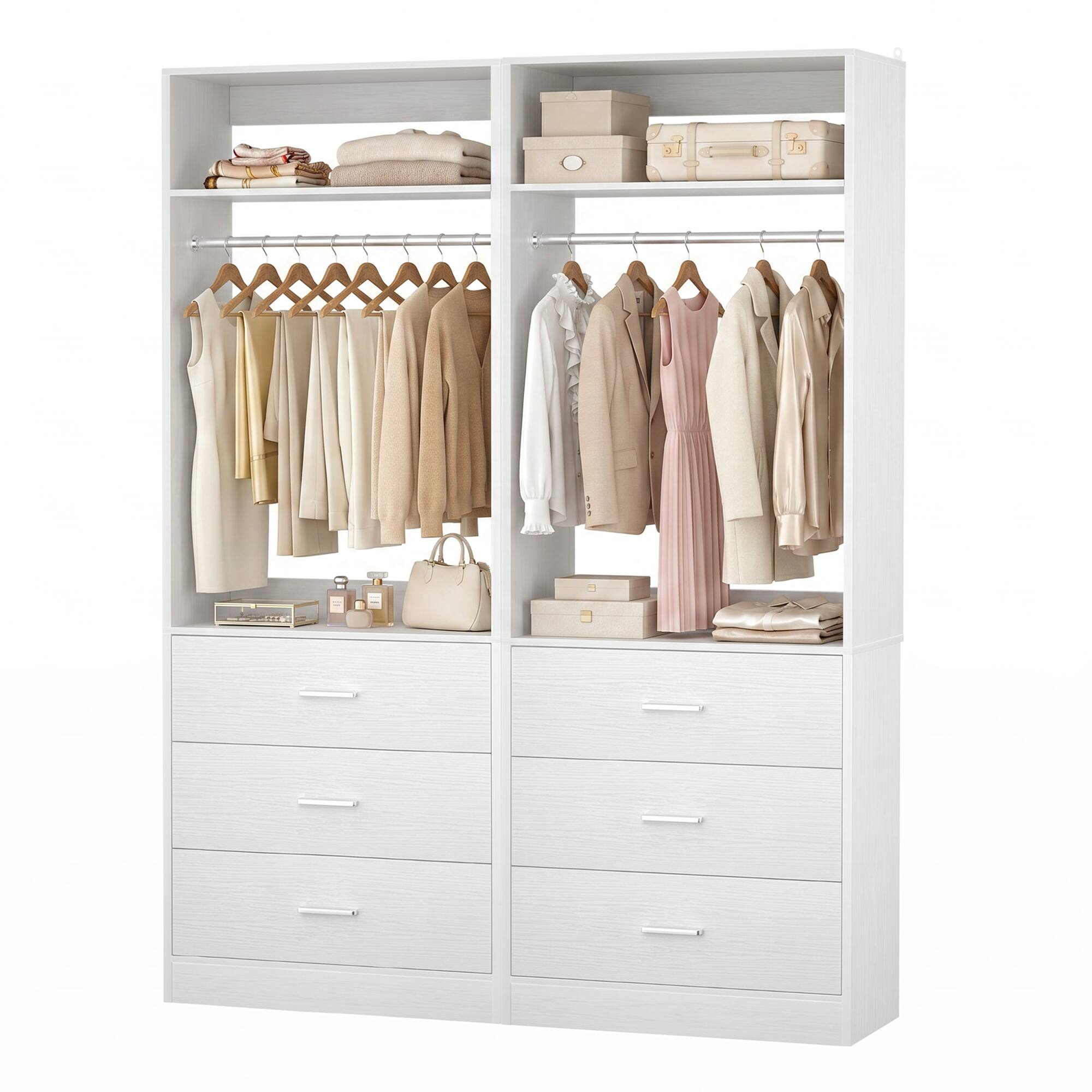 Alt View 3. Aheaplus - 48" Set of 2 Closet Systems w/6 Wood Drawers, 2 Hanging Rods & 2 Shelves - Heavy Duty Walk-in Organizer,Ships 2 packages - White.