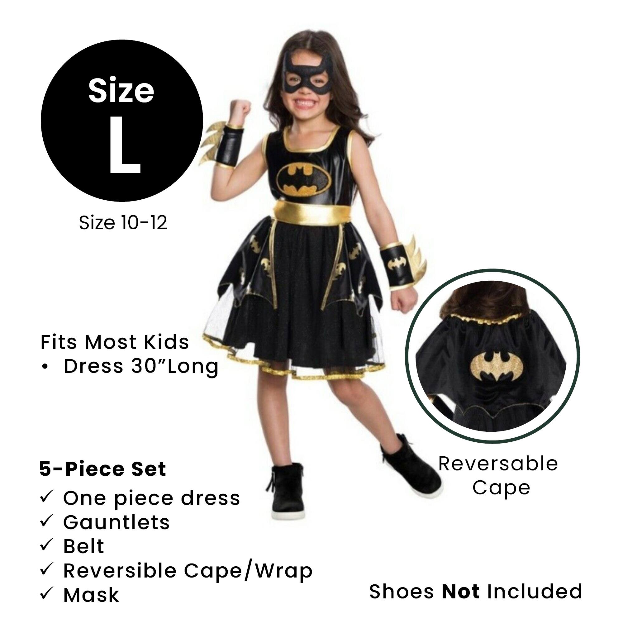 Size L  
Size 10-12  

Fits Most Kids  
- Dress 30" Long  

5-Piece Set  
- One piece dress  
- Gauntlets  
- Belt  
- Reversible Cape/Wrap  
- Mask  

Reversible Cape  

Shoes Not Included