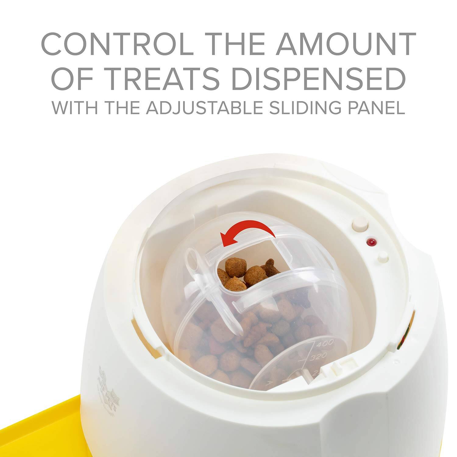 CONTROL THE AMOUNT OF TREATS DISPENSED WITH THE ADJUSTABLE SLIDING PANEL 400 320 7