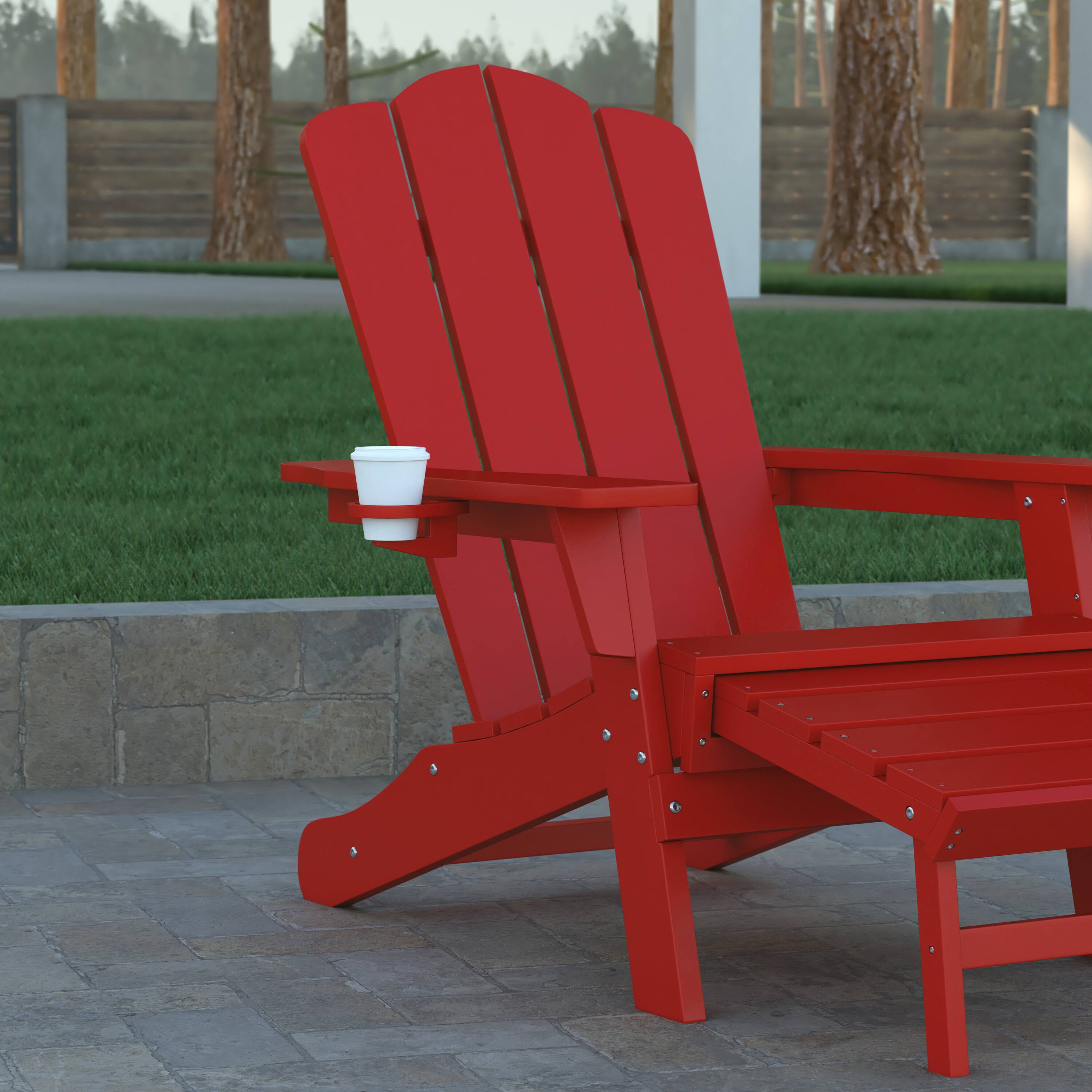 Alt View 5. Emma + Oliver - Tiverton Set of 2 Adirondack Chairs with Cup Holders and Pull Out Ottoman, All-Weather HDPE Indoor/Outdoor Lounge Chairs - Red.