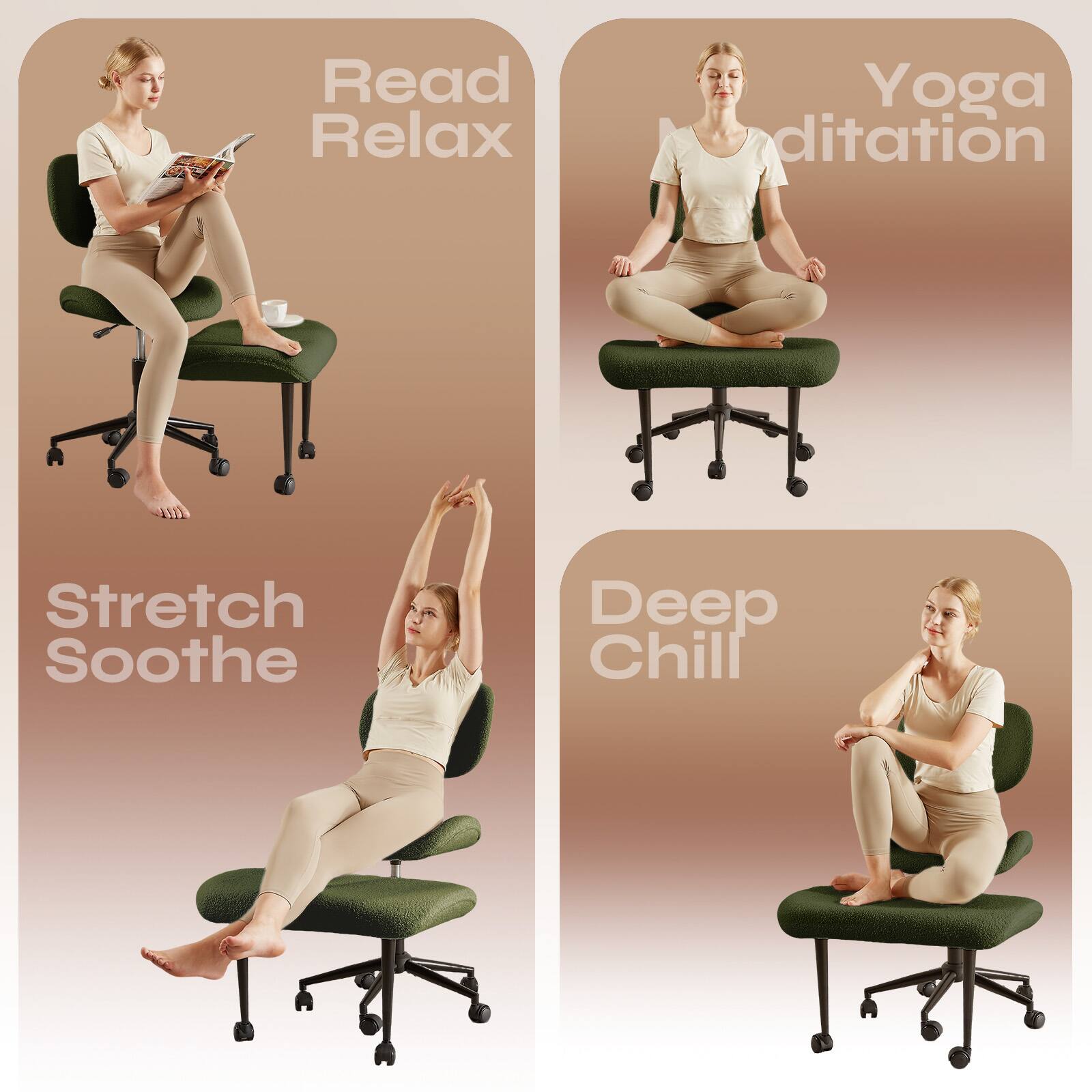 Read Relax  
Yoga Meditation  
Stretch Soothe  
Deep Chill