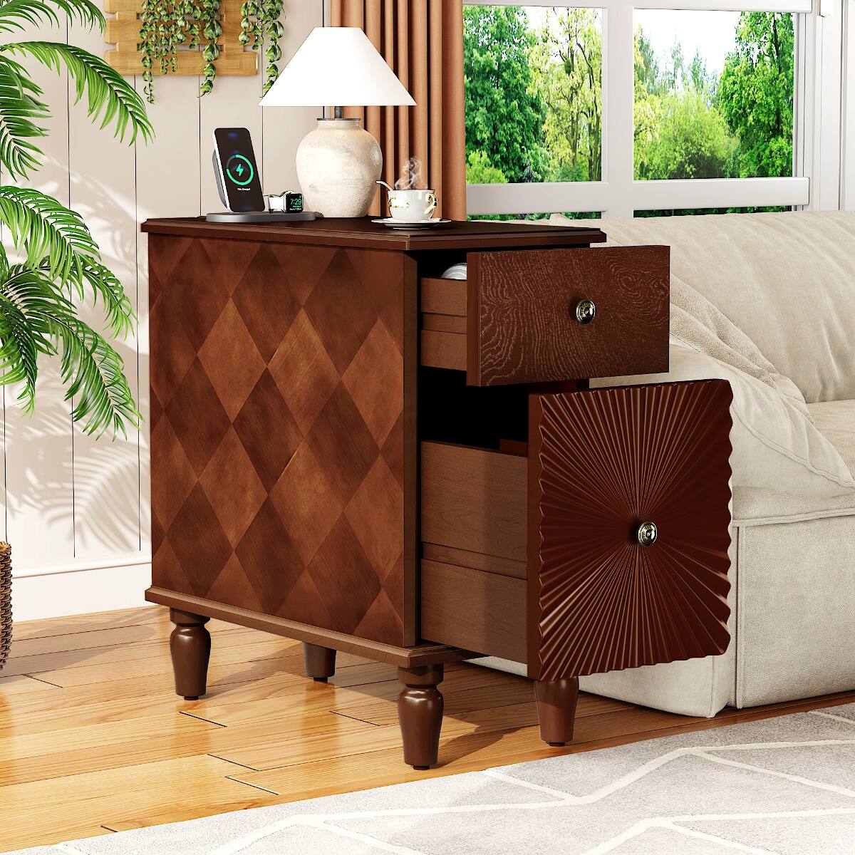 Angle. Loheer - Loheer Two Drawer Nightstand, Walnut Narrow Sofa Side Table with Charging Station for Bedroom or Living Room - Walnut.