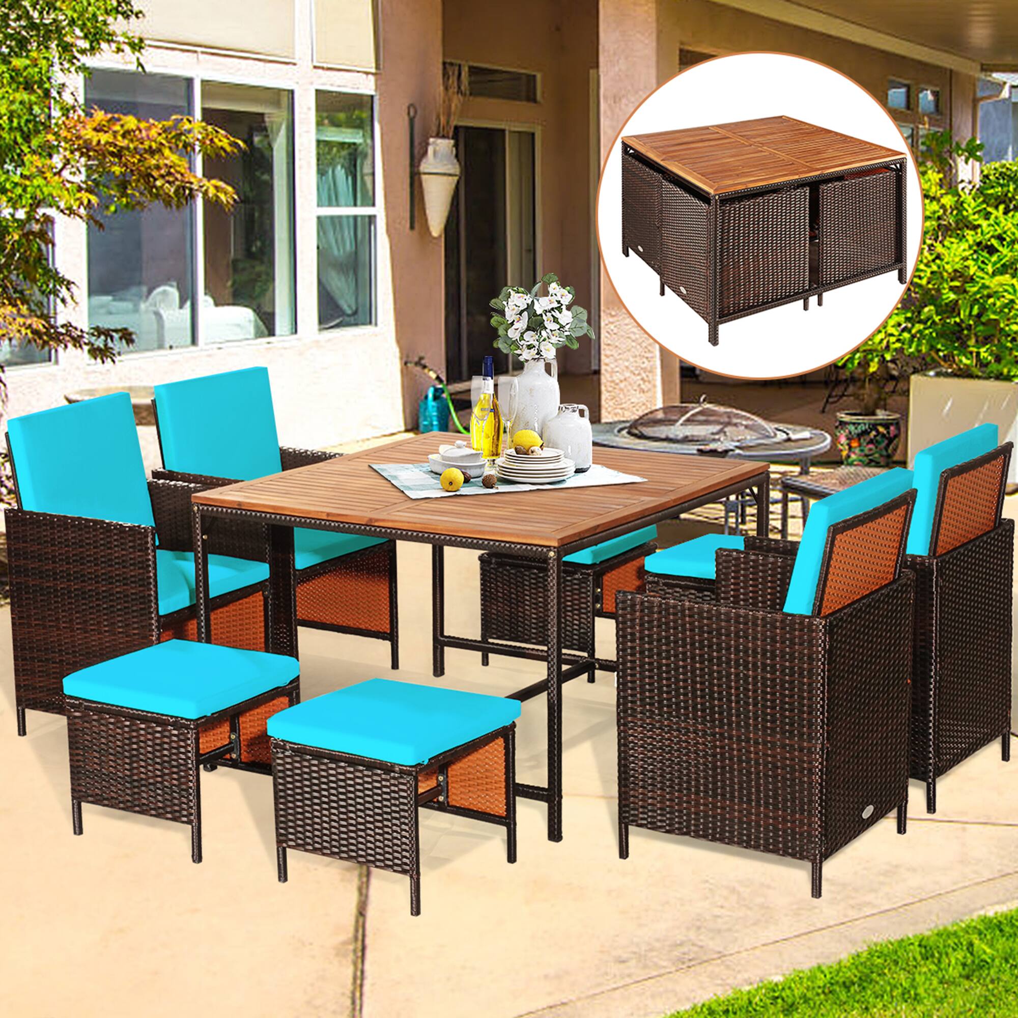 Alt View 3. Gymax - Gymax 9PCS Rattan Wicker Dining Set Patio Outdoor Furniture Set w/ Turquoise Cushion - as pic.