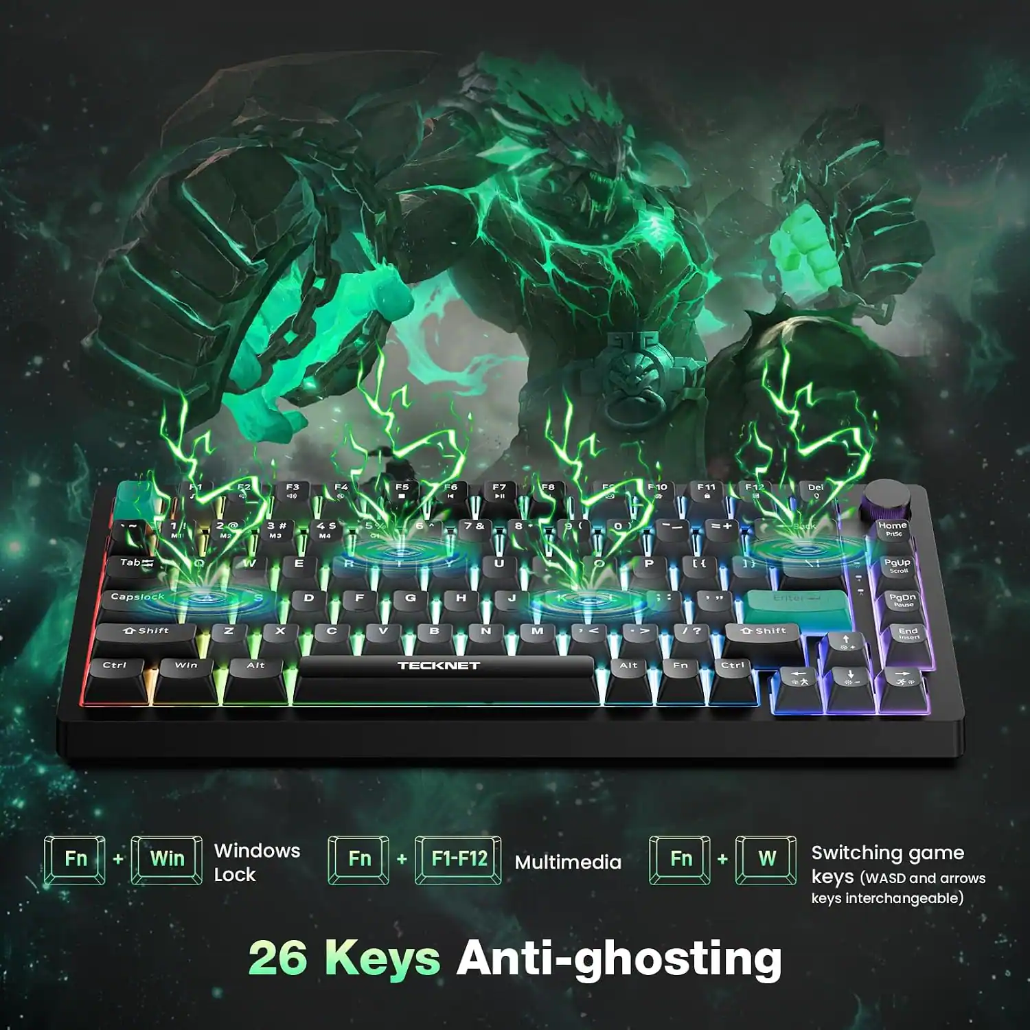 TECKNET 75% Wired Gaming Keyboard, RGB Backlit, 82 Keys, Volume Knob ...