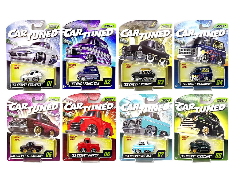 Sure, here is the corrected and grouped text:

---

**OEE SERIES 5**

**CAR TUNED**

1. **'63 CHEVY CORVETTE**  
   DIECAST METAL  
   6+  
   01

2. **'57 GMC PANEL VAN**  
   DIECAST METAL  
   6+  
   02

3. **'56 CHEVY NOMAD**  
   DIECAST METAL  
   6+  
   03

4. **'79 GMC VANDURA**  
   DIECAST METAL  
   6+  
   04

5. **'68 CHEVY EL CAMINO**  
   DIECAST METAL  
   6+  
   05

6. **'53 CHEVY PICKUP**  
   DIECAST METAL  
   6+  
   06

7. **'64 CHEVY IMPALA**  
   DIECAST METAL  
   6+  
   07

8. **'47 CHEVY FLEETLINE**  
   DIECAST METAL  
   6+  
   0