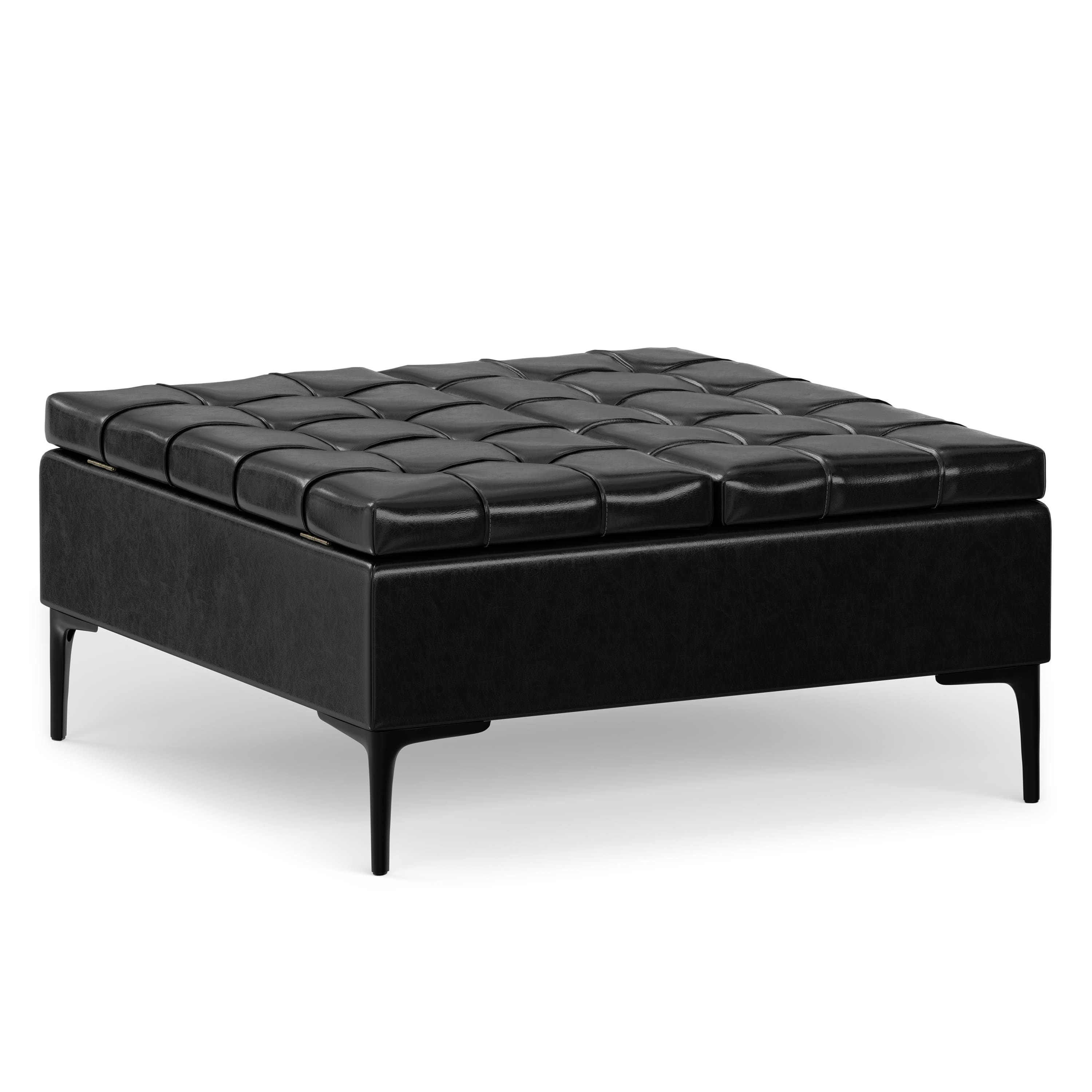 Simpli Home - Laura 36 inch Transitional Square Mid Century Lift Top Storage Ottoman Vegan Faux Leather, Assembled - Midnight Black