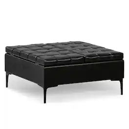 Simpli Home - Laura 36 inch Transitional Square Mid Century Lift Top Storage Ottoman Vegan Faux Leather, Assembled - Midnight Black