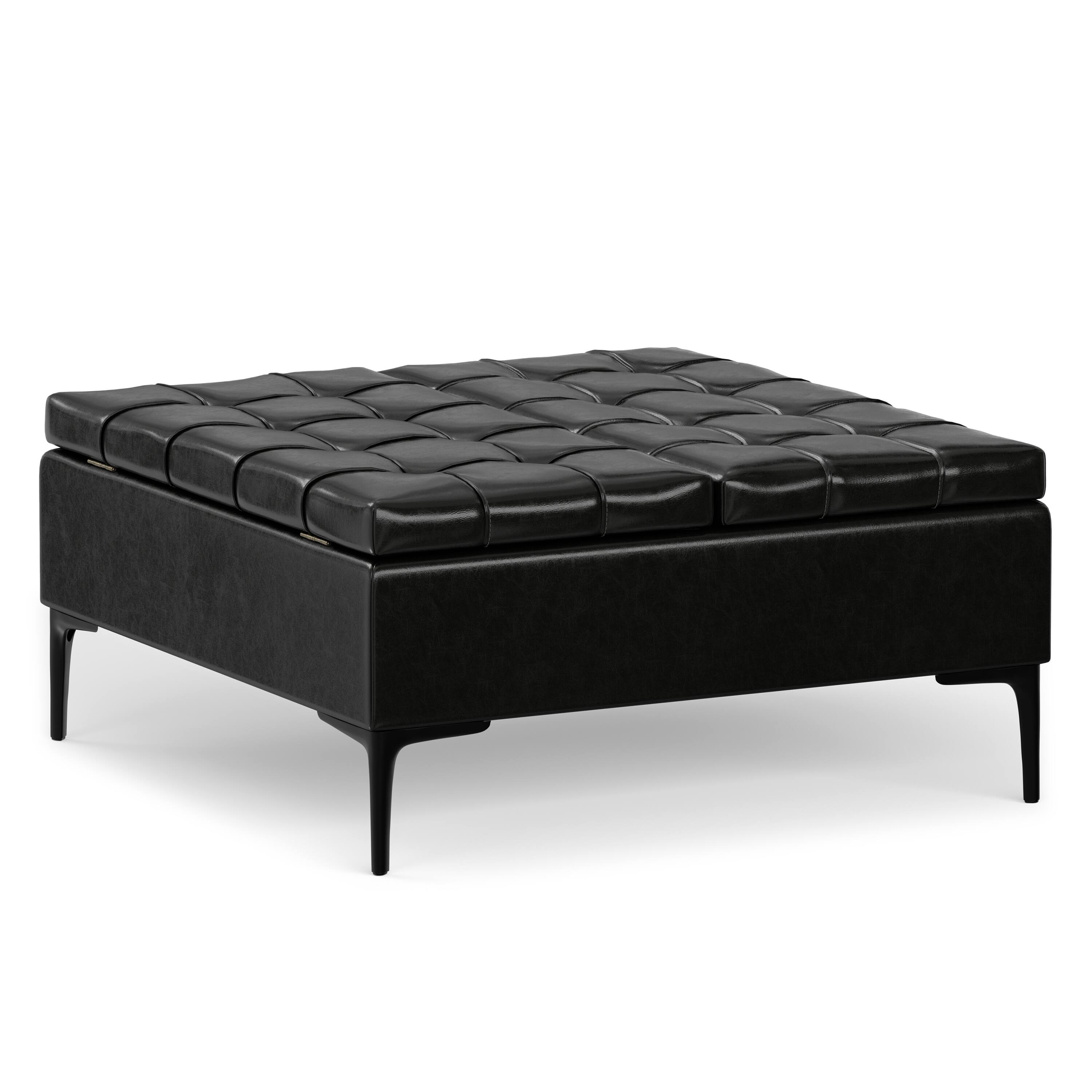 Front. Simpli Home - Laura 36 inch Transitional Square Mid Century Lift Top Storage Ottoman in Midnight Black Vegan Faux Leather, Assembled - Midnight Black.