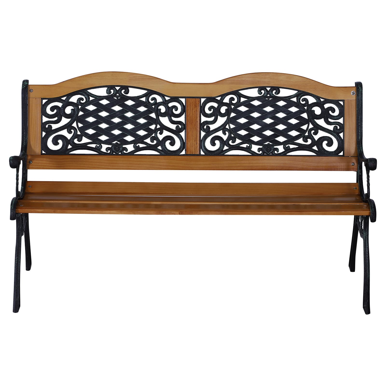 Outsunny - Outdoor Garden Bench, Park Patio Bench Loveseat, Wood & Metal Frame with Plastic Flourish Backrest - Teak