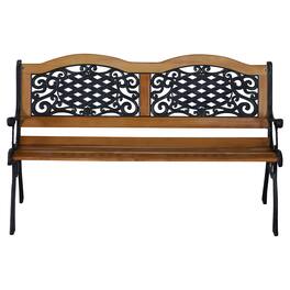 Outsunny - Outdoor Garden Bench, Park Patio Bench Loveseat, Wood & Metal Frame with Plastic Flourish Backrest - Teak