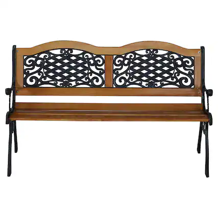 Front. Outsunny - Outdoor Garden Bench, Park Patio Bench Loveseat, Wood & Metal Frame with Plastic Flourish Backrest - Teak.