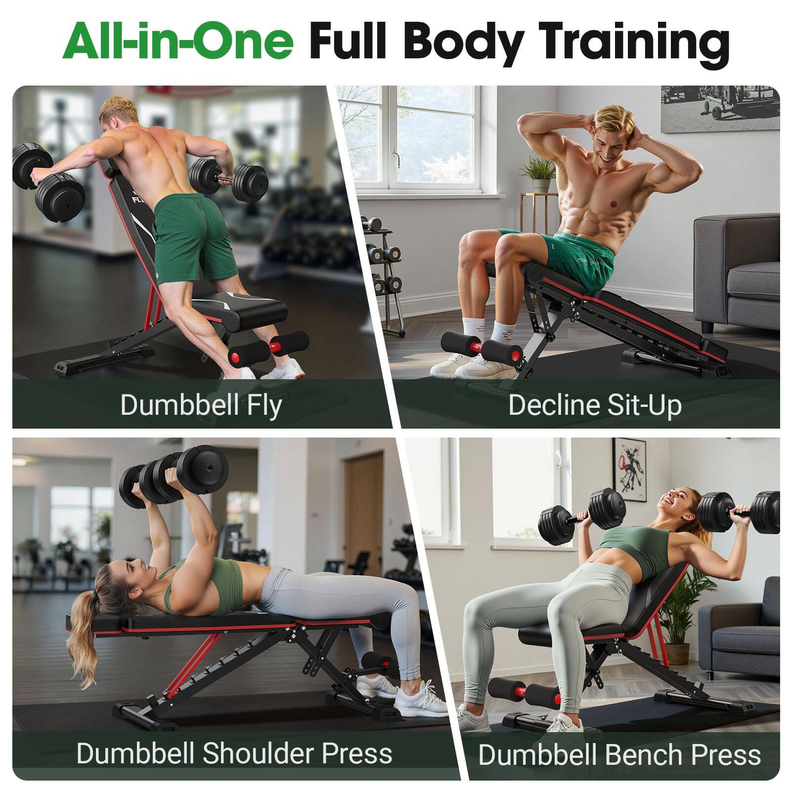 All-in-One Full Body Training

- Dumbbell Fly
- Decline Sit-Up
- Dumbbell Shoulder Press
- Dumbbell Bench Press