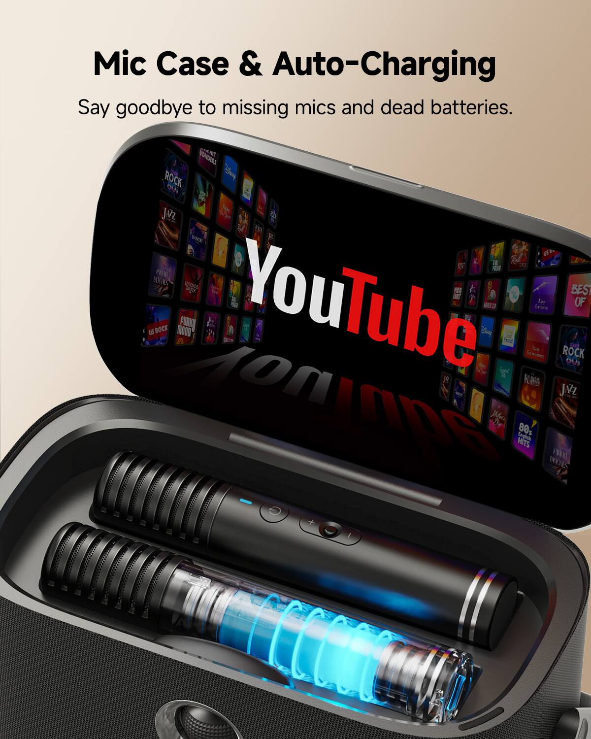 Mic Case & Auto-Charging  
Say goodbye to missing mics and dead batteries.