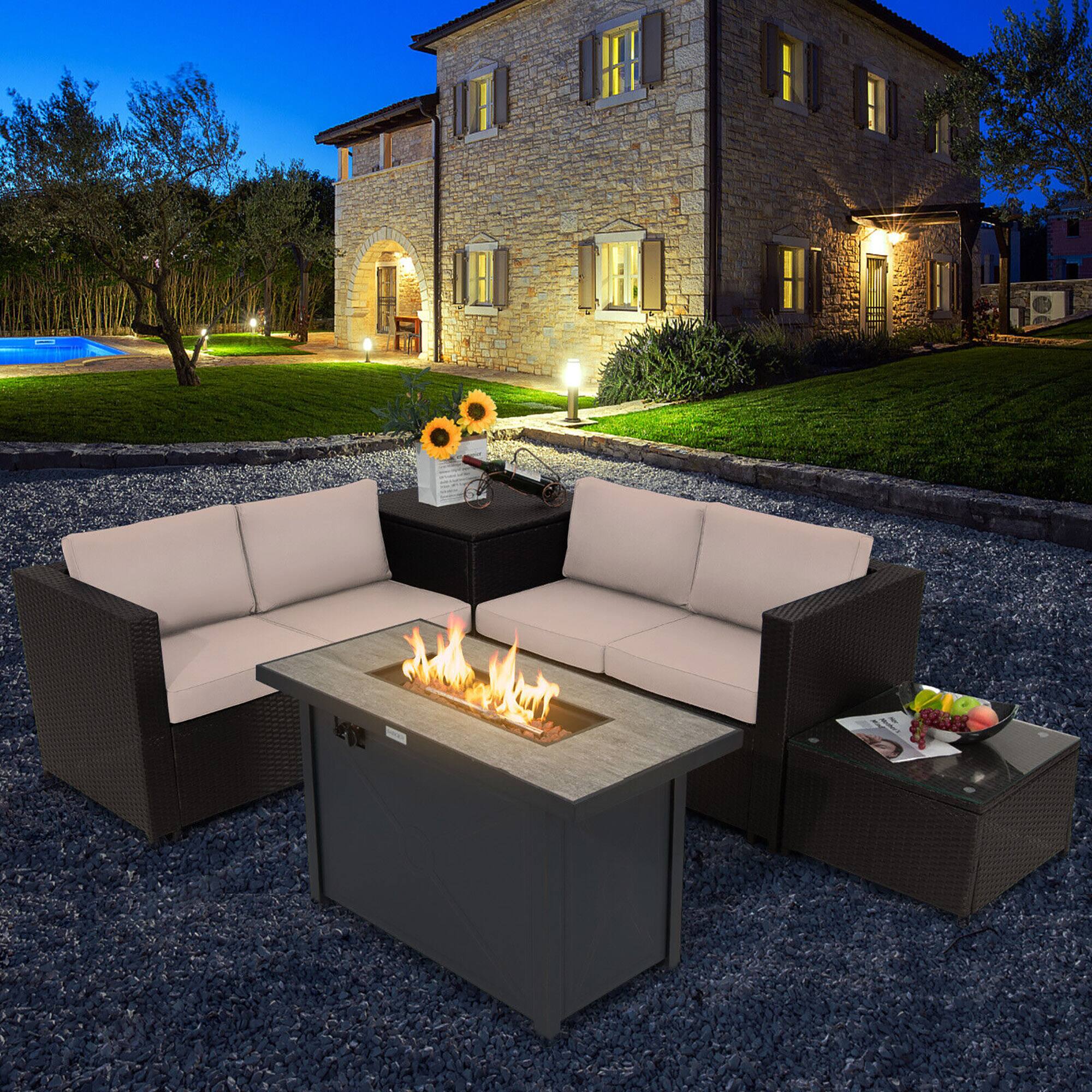 Alt View 2. Gymax - Gymax 5PCS Patio Rattan Furniture Set Fire Pit Table w/ Cover Storage Cushion Beige - Beige.