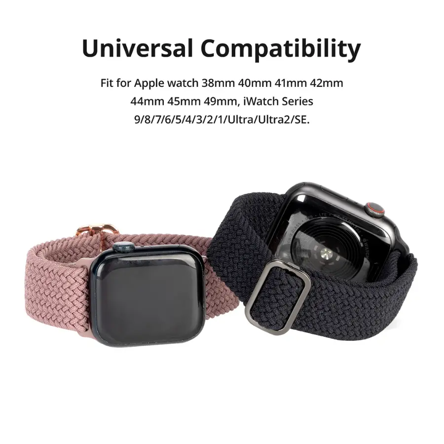 The image features a pink and black watch band, along with a black watch band, both of which are designed to be compatible with Apple watches. The watch bands are advertised as fitting for Apple watches in various sizes, including 38mm, 40mm, 41mm, 42mm, 44mm, 45mm, 49mm, and 50mm. The watch bands are suitable for use with Apple watch series 9, 8, 7, 6, 5, 4, 3, 2, 1, and Ultra, as well as the Ultra2 and SE models.