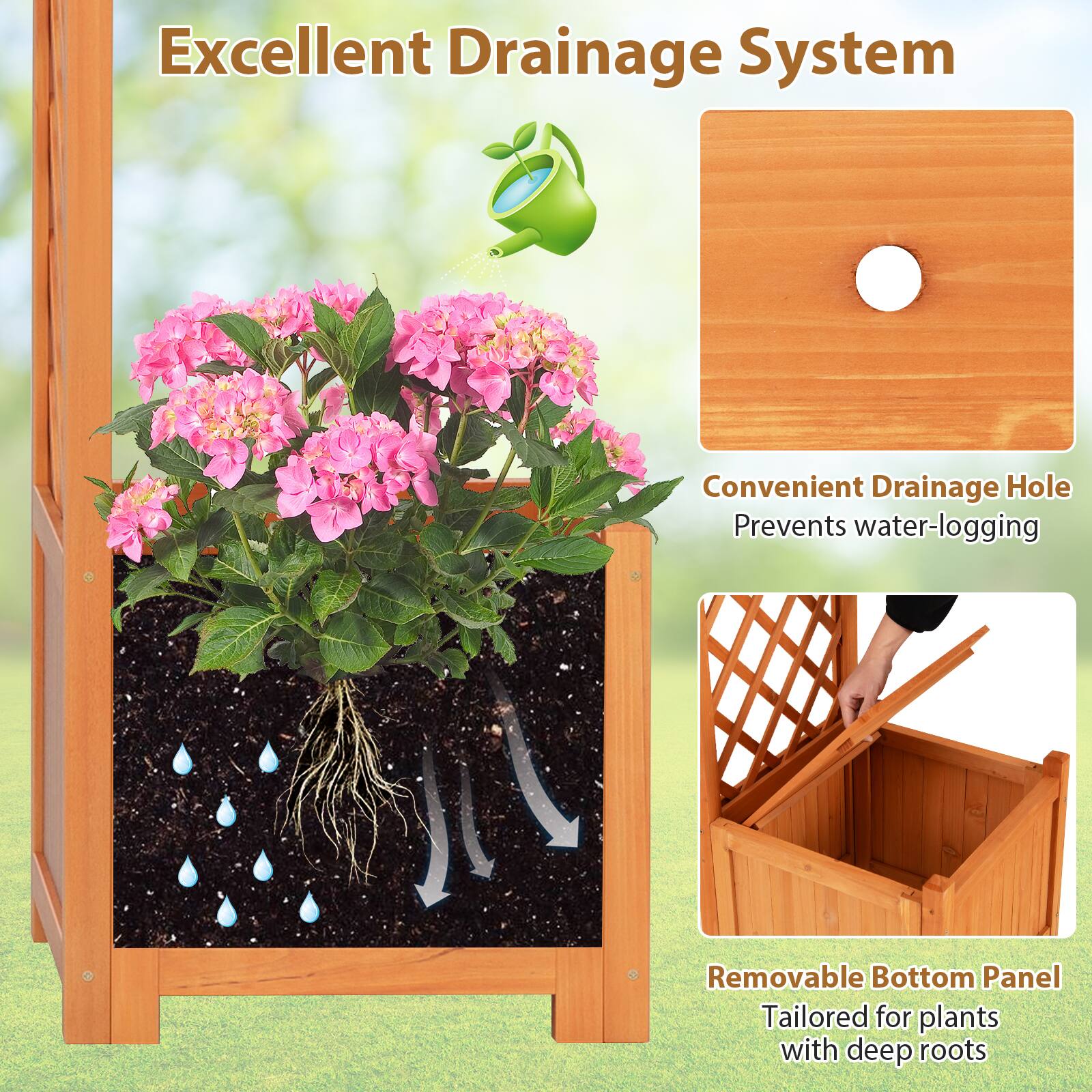 Excellent Drainage System

Convenient Drainage Hole
Prevents water-logging

Removable Bottom Panel
Tailored for plants with deep roots