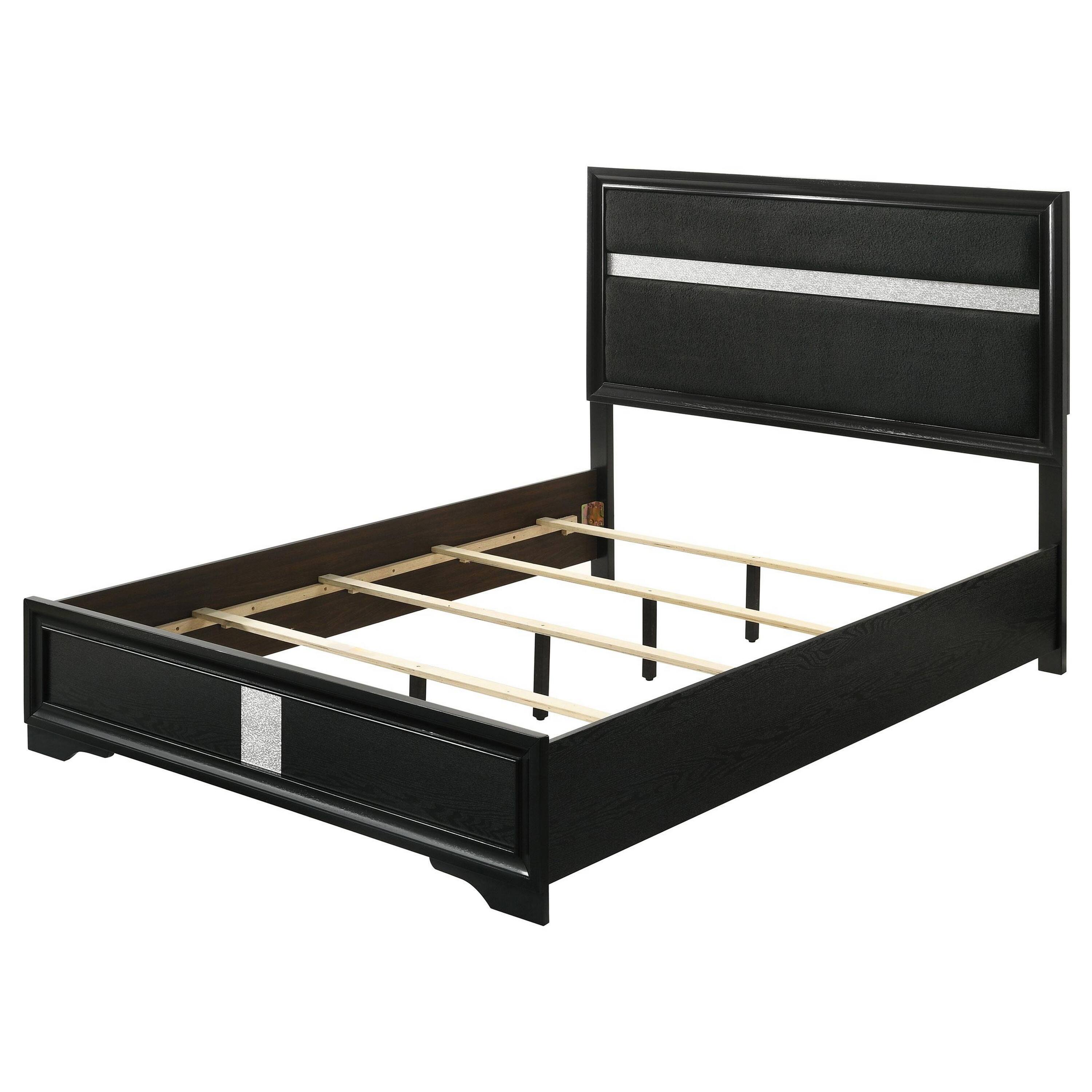 Alt View 3. Manhattan Lane - Vino Queen Size Bed, Panel Headboard, Black Upholstery, Glitter Stripe - Black.
