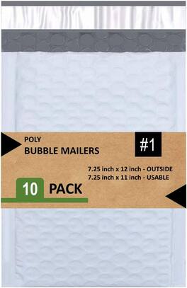 Link - Size #1 7.25"x12" Poly Bubble Mailer Self-Sealing Waterproof Shipping Envelopes Pack Of 10 - White
