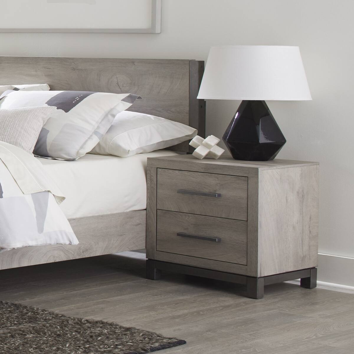 Angle. Loheer - Loheer Light Gray Two Drawer Nightstand with Dovetail Storage and Metal Bar Pulls - Light Gray.