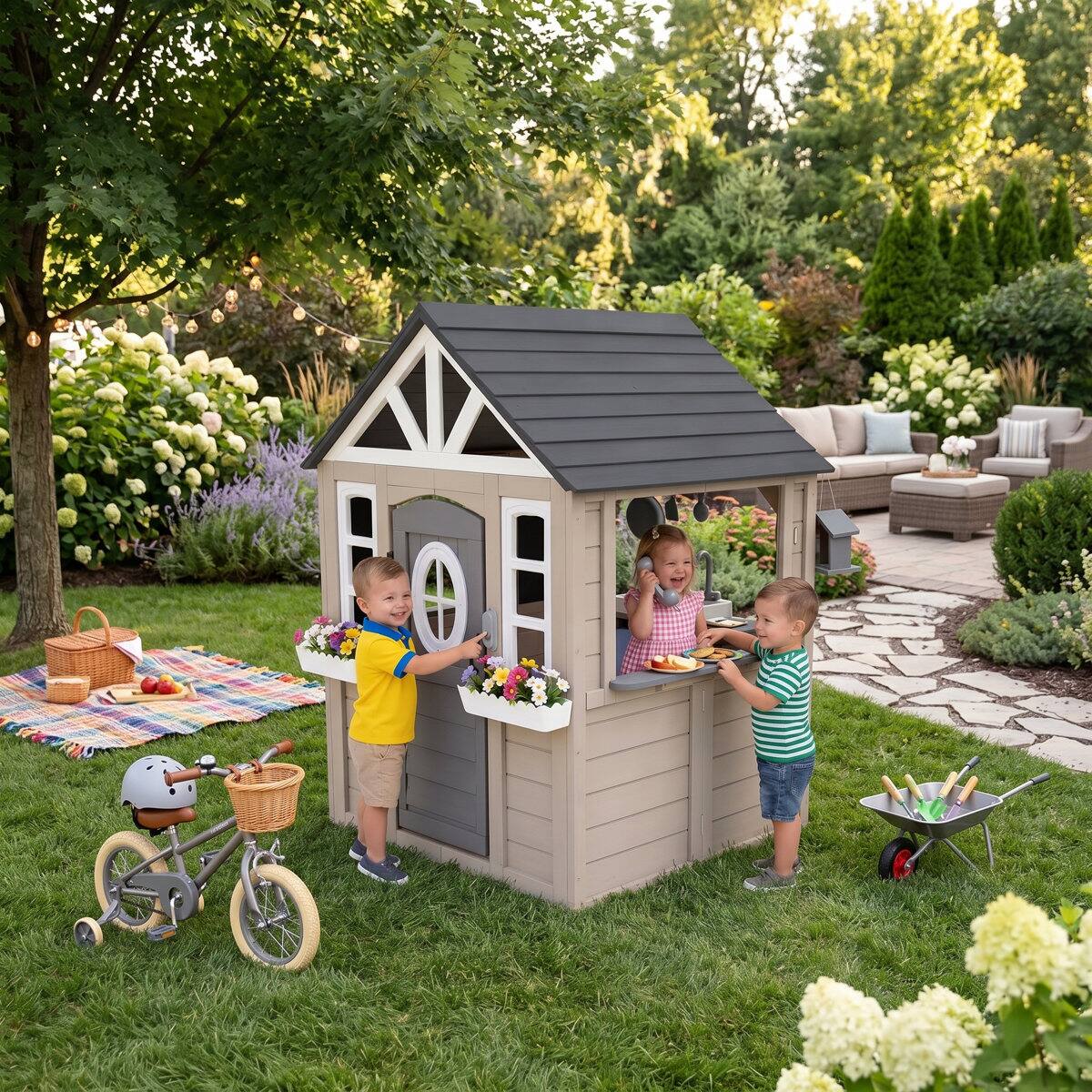 Angle. Wisairt - Wooden Kids Outdoor Playhouse with Play Kitchen, Working Doorbell and Bird Cage - Grey,White.