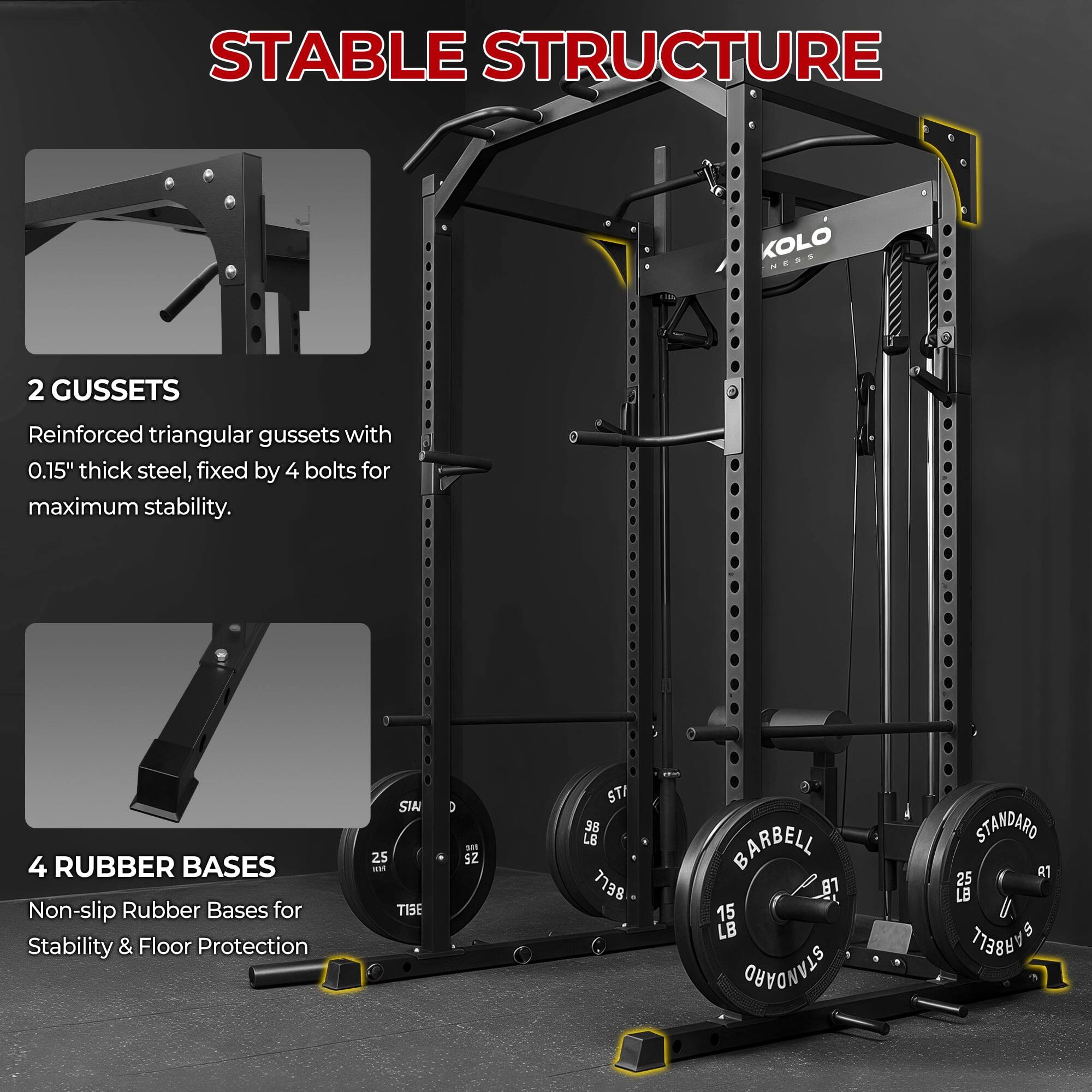 STABLE STRUCTURE

2 GUSSETS
Reinforced triangular gussets with 0.15" thick steel, fixed by 4 bolts for maximum stability.

4 RUBBER BASES
Non-slip Rubber Bases for Stability & Floor Protection

SIA 25 - TISE 3 SE S2 ST/ 95 LB BELL BARBELL
81 15 LB STANDARD STANDARO 25 A1 LB BARBELL