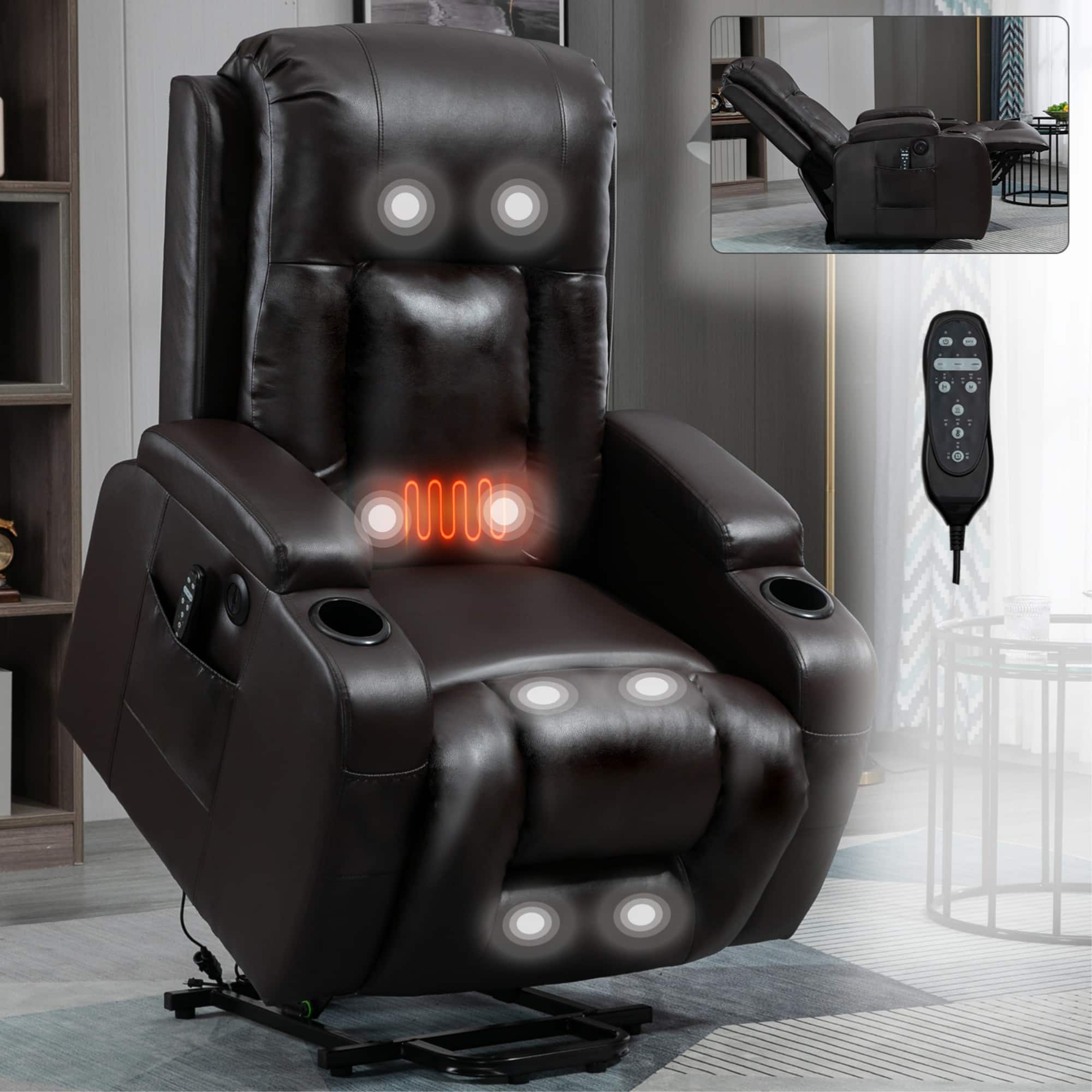LUCKY ONE - PU Single Motor Power Lift Recliner Chair with Massage and Heat, Infinite Position, USB, Cup Holder - Brown