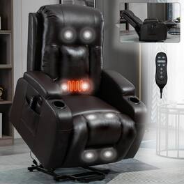 LUCKY ONE - PU Single Motor Power Lift Recliner Chair with Massage and Heat, Infinite Position, USB, Cup Holder - Brown