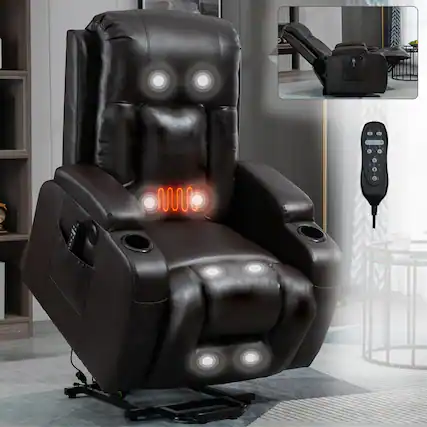 Front. LUCKY ONE - PU Single Motor Power Lift Recliner Chair with Massage and Heat, Infinite Position, USB, Cup Holder - Brown.