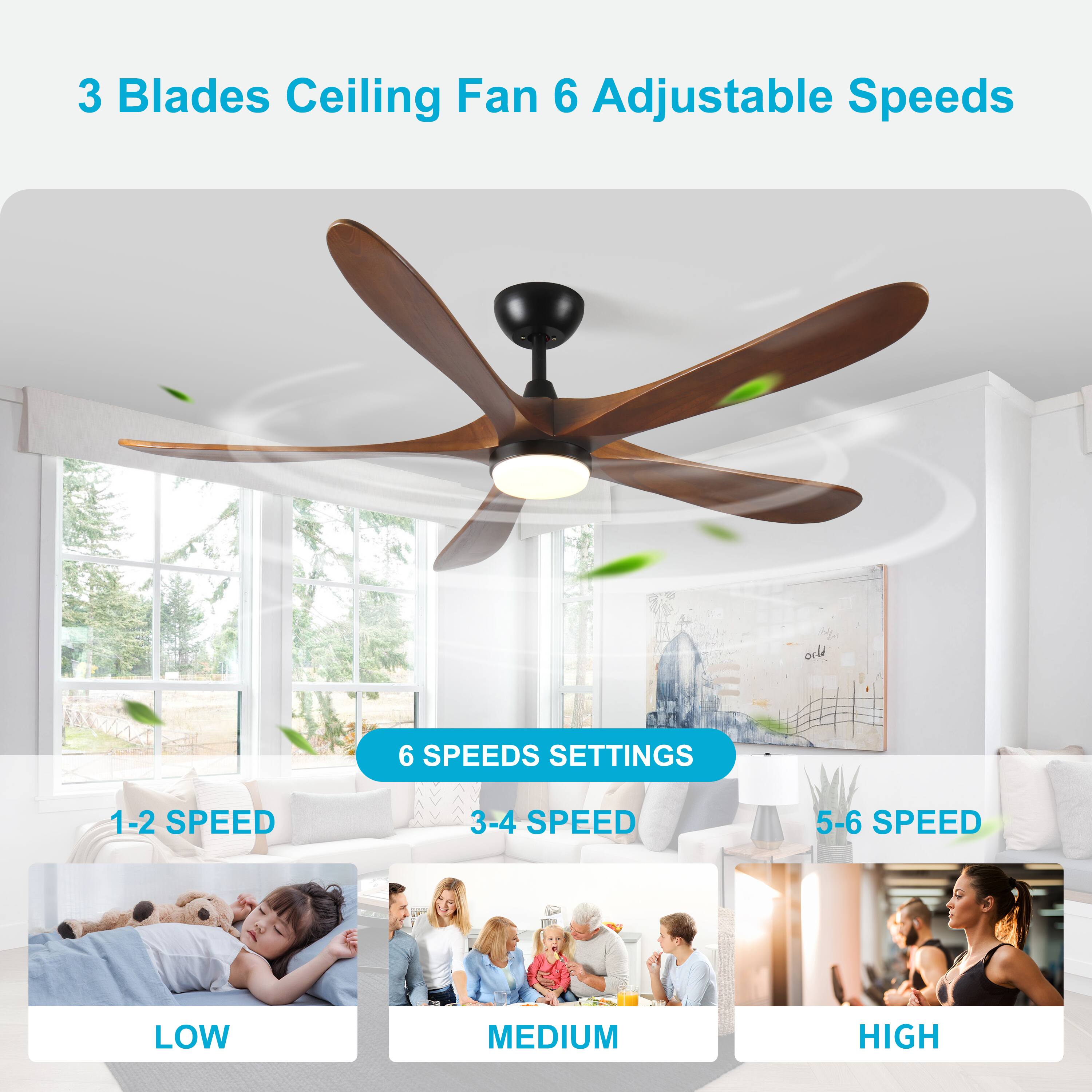 3 Blades Ceiling Fan 6 Adjustable Speeds

6 SPEEDS SETTINGS

1-2 SPEED  
LOW

3-4 SPEED  
MEDIUM

5-6 SPEED  
HIGH