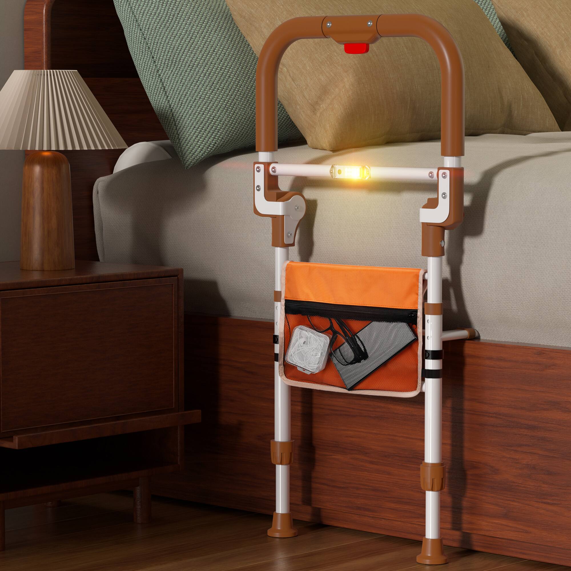 Alt View 8. Topteng - Foldable Bed Assist Rail with Storage Pouch - Height Adjustable, Non-Slip Grip, Supports 350 lbs, Fits All Bed Sizes - brown.