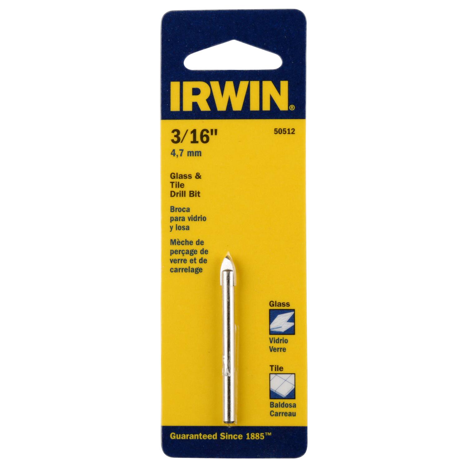 IRWIN  
3/16"  
4,7 mm  
Glass & Tile Drill Bit  
Broca para vidrio y losa  
Mèche de perçage de verre et de carrelage  
Glass  
Vidrio  
Verre  
Tile  
Baldosa  
Carreau  
Guaranteed Since 1885™