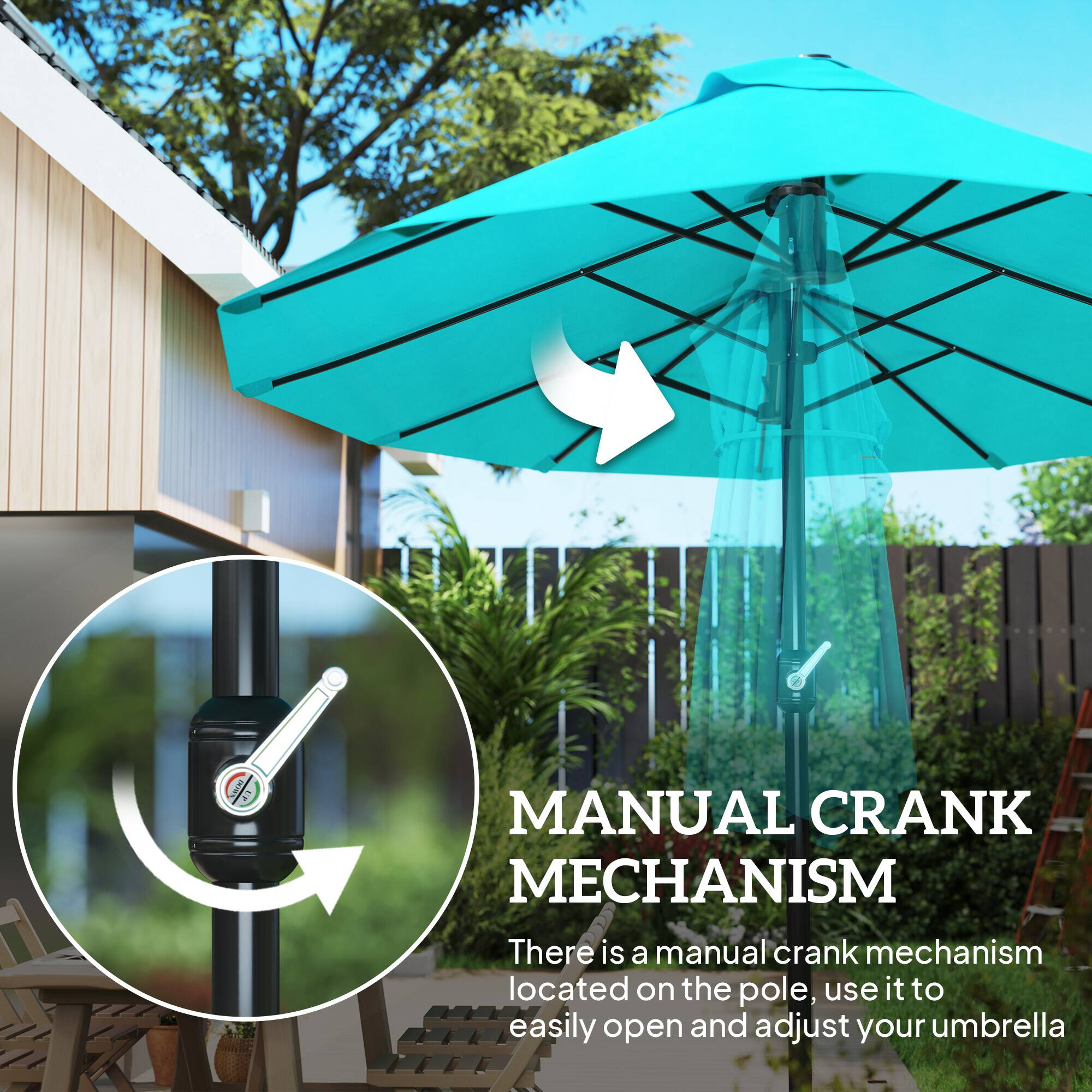 MANUAL CRANK MECHANISM
There is a manual crank mechanism located on the pole, use it to easily open and adjust your umbrella.