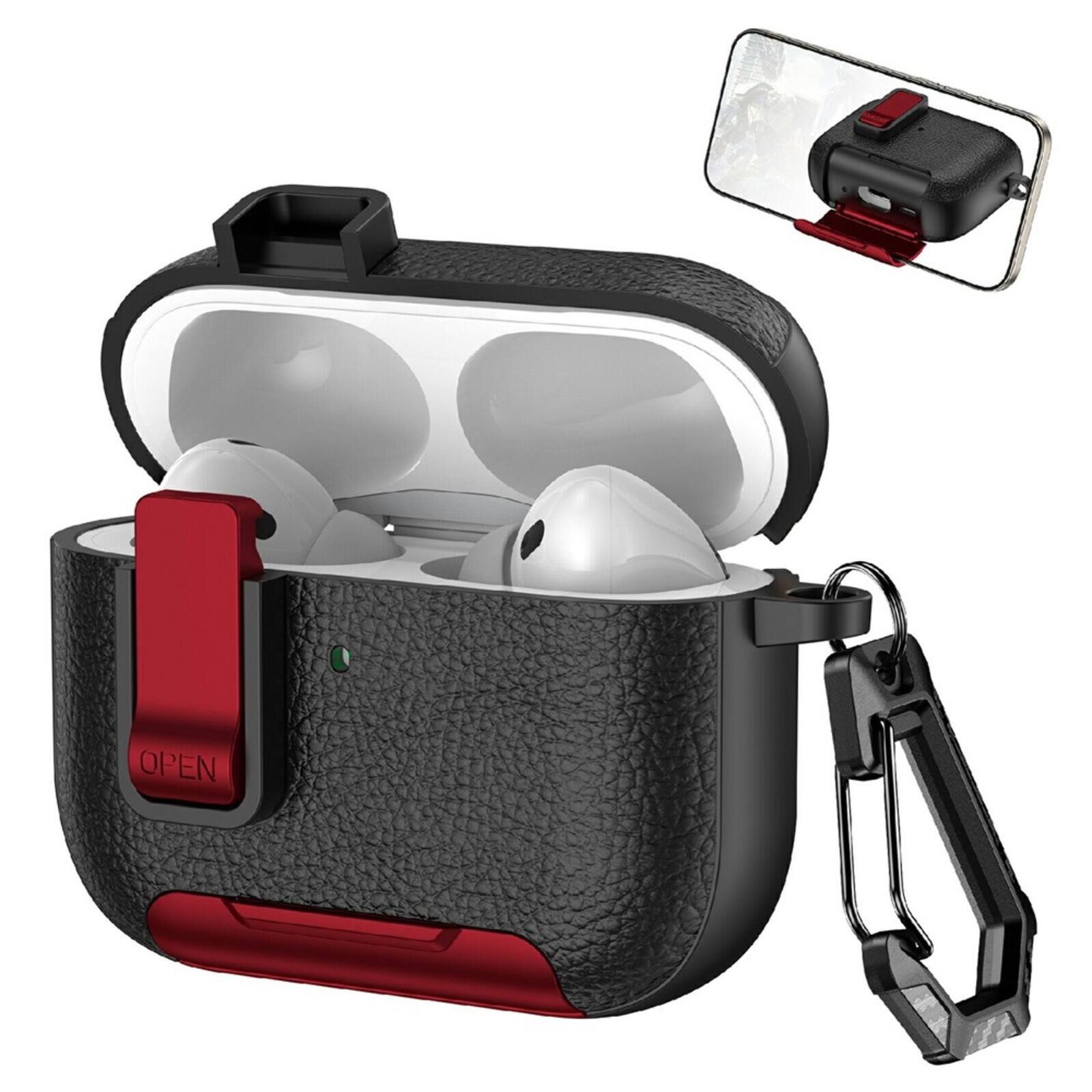 Front. UUCOVER - For Airpods Pro 3rd Gen 2025 Protective Case Earphone Box Cover with Safety Lock Button, Phone Kickstand and Carabiner - Redblack.