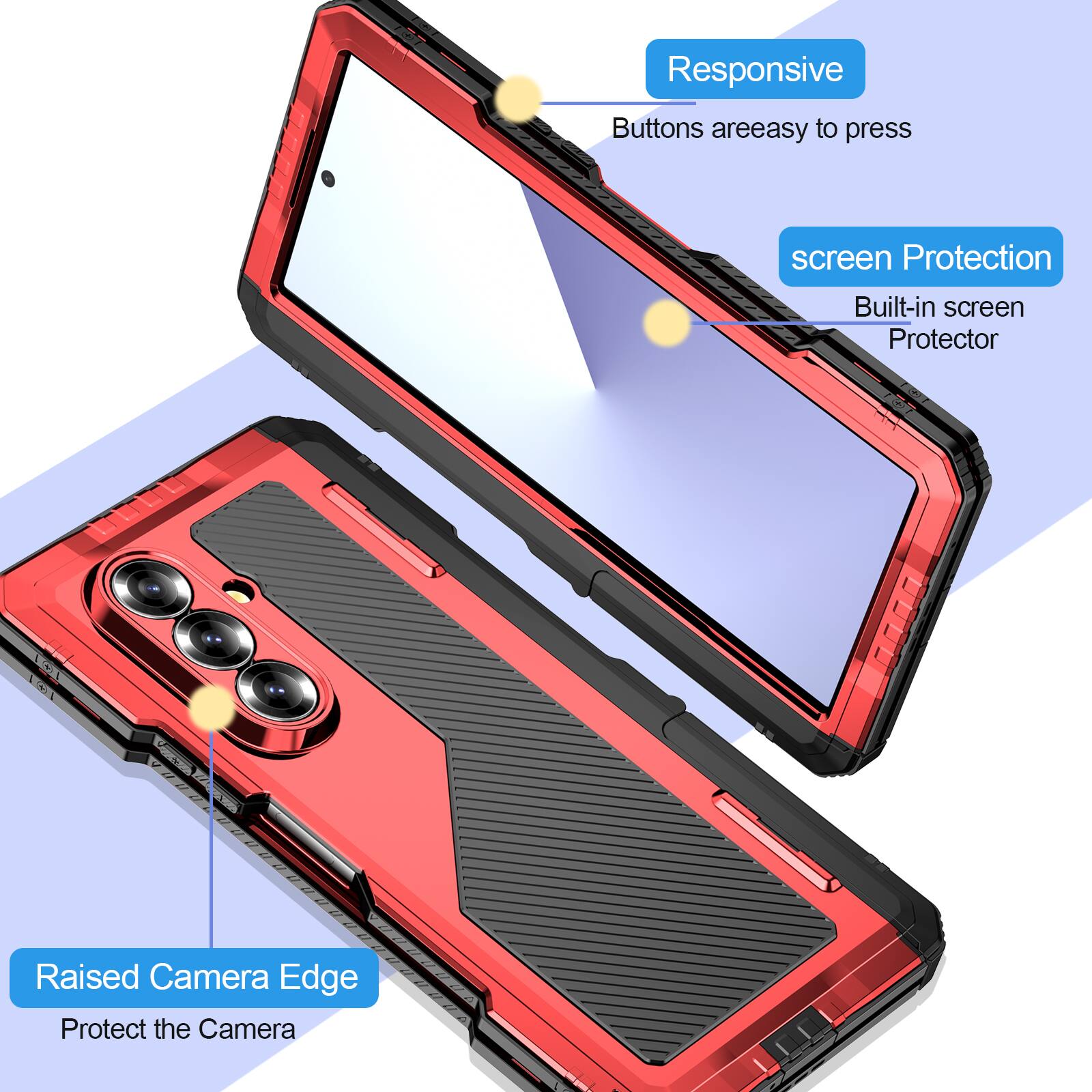 Responsive Buttons are easy to press  
screen Protection  
Built-in screen Protector  
Raised Camera Edge  
Protect the Camera