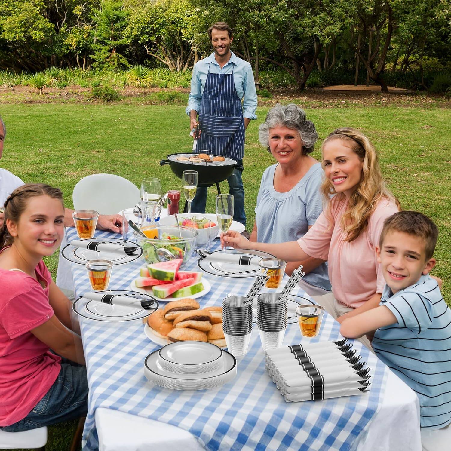 Back. Winado - 400 Piece Disposable Dinnerware Set with Plates, Cups, Napkins & Cutlery for 50 Guests, Clear Plastic Plates for Party - Black.