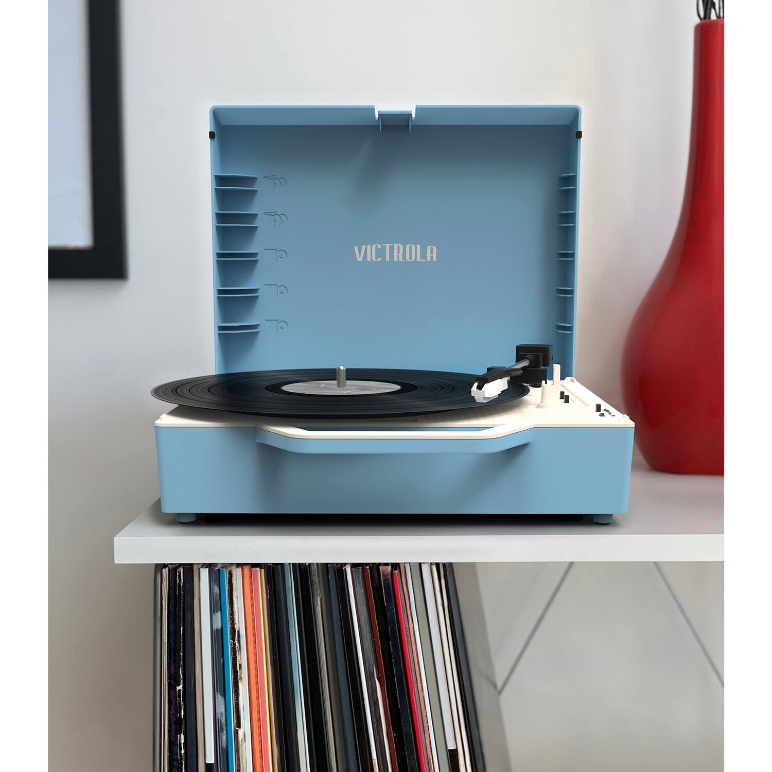 Alt View 27. Victrola - Re-Spin Sustainable Bluetooth Suitcase Record Player - Light Blue.
