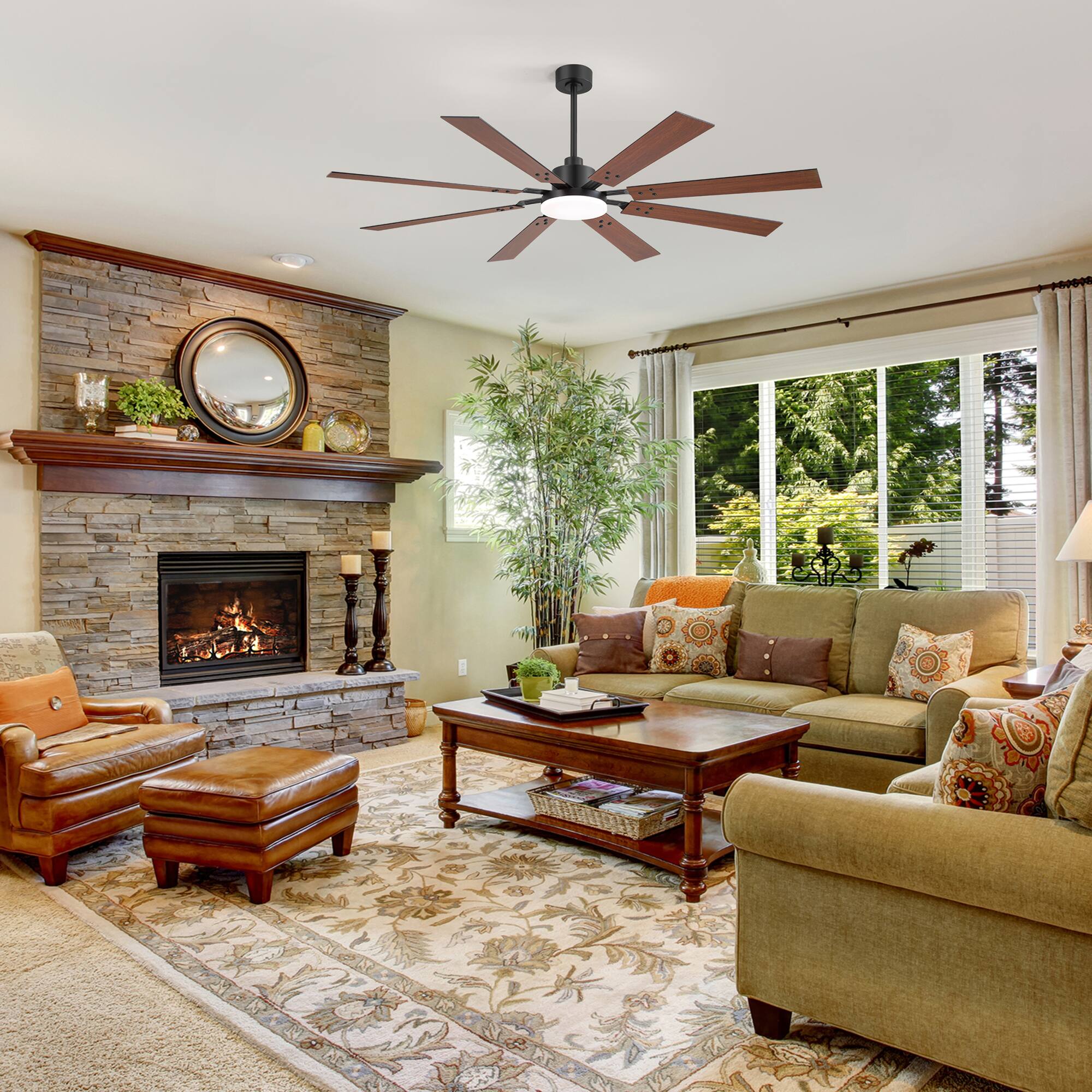 Left. Breezary - 72'' Ceiling Fan with 8 Plywood Blades, 3-Color Light, 6-Speed DC Motor, 6"/20" Downrods, Remote with Timer - Matte Black and Dark Wood Grain.