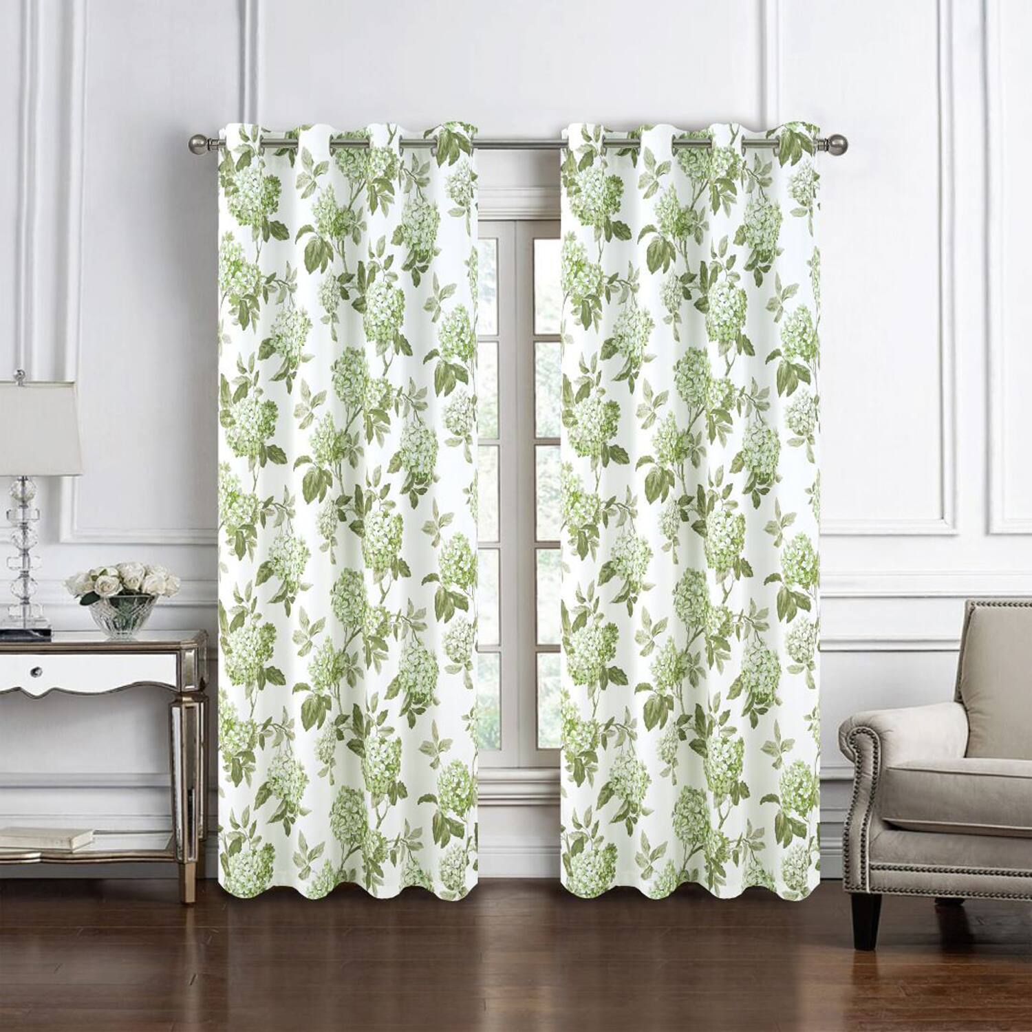 Angle. Olivia Gray - Olivia Gray 100% Polyester 200 GSM Hydrangea Printed Blackout Grommet Curtain Panel 54" x 90" Green - Green.